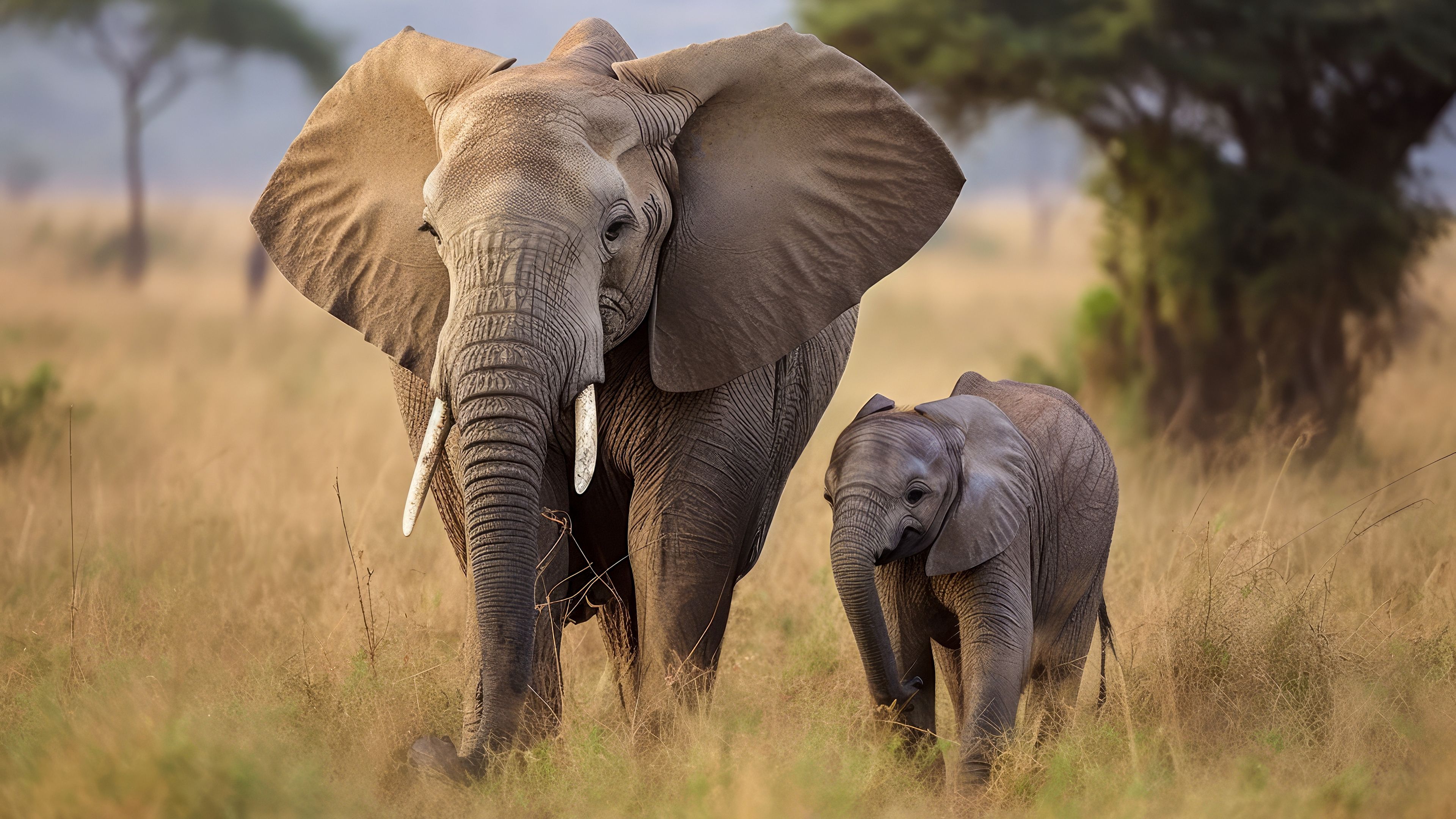 Zwei Elefanten im Grasland, großer Baum im Hintergrund. Zwei Elefanten im Grasland, großer Baum im Hintergrund.