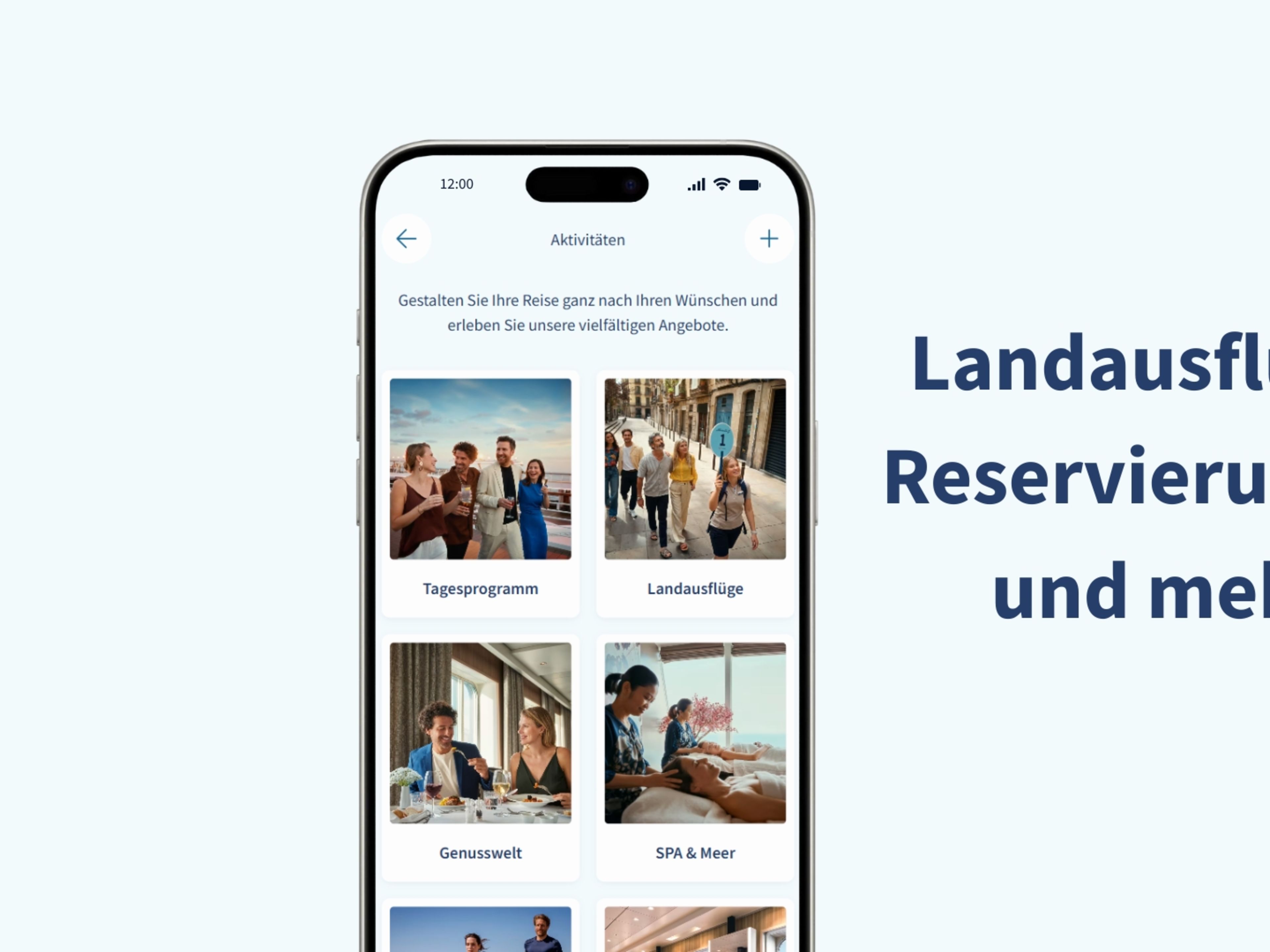 App Preview Smartphone mit Kreuzfahrtaktivitäten, Landausflüge, Reservierungen und mehr.