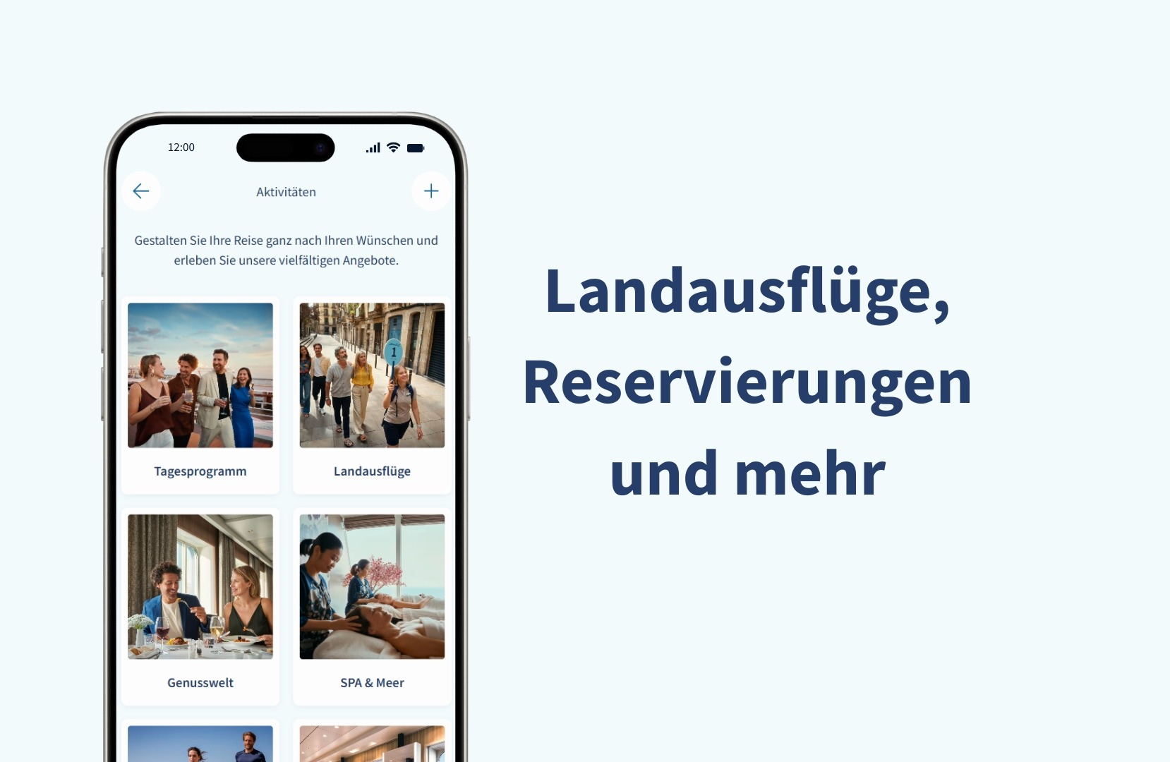 Smartphone mit Kreuzfahrtaktivitäten, Landausflüge, Reservierungen und mehr.