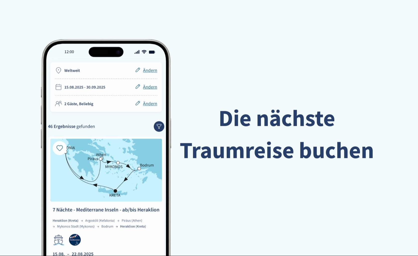 Smartphone mit Kreuzfahrtkarte, Text: "Die nächste Traumreise buchen".