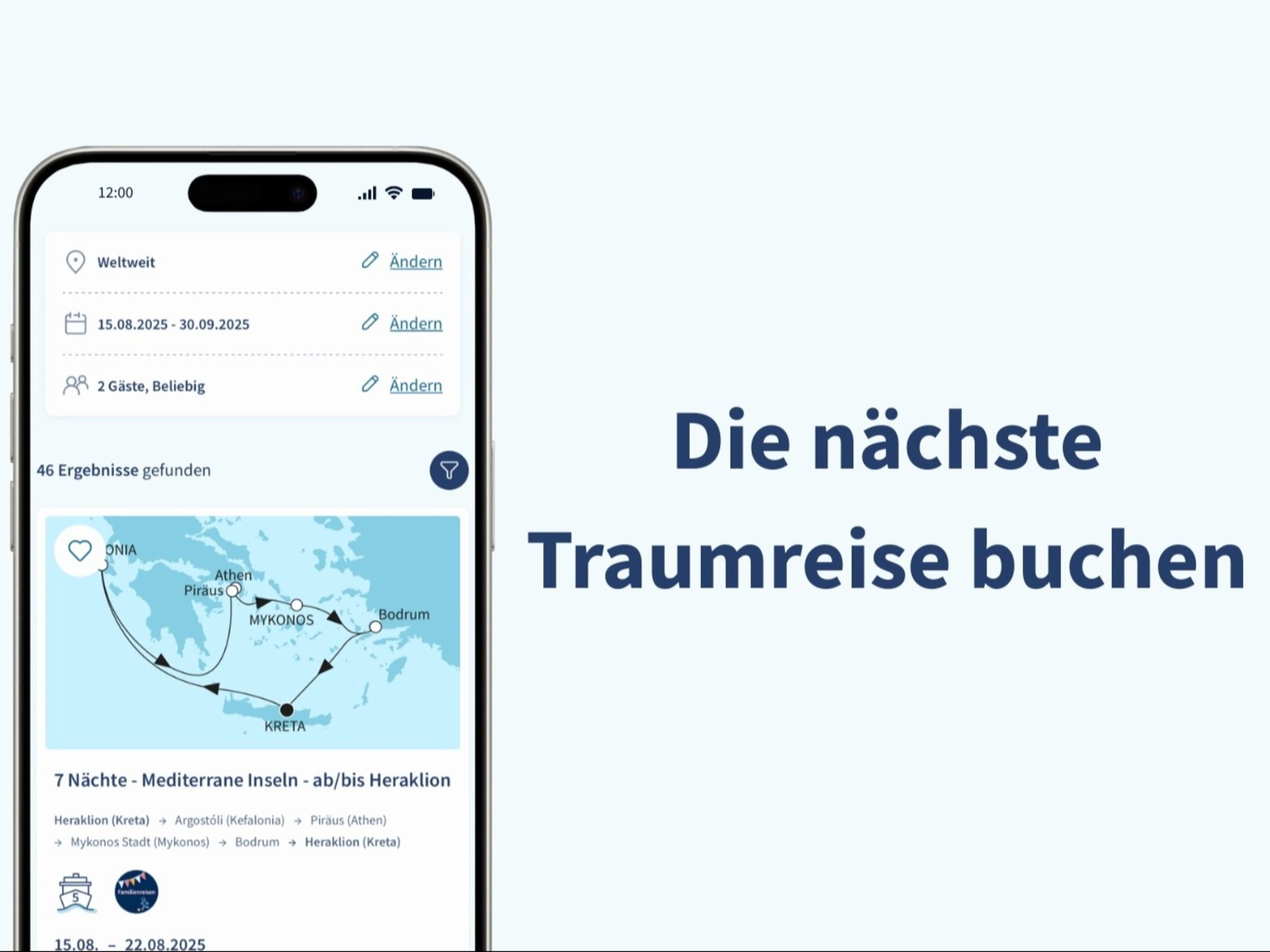 Smartphone mit Kreuzfahrtkarte, Text: "Die nächste Traumreise buchen". Smartphone mit Kreuzfahrtkarte, Text: "Die nächste Traumreise buchen".