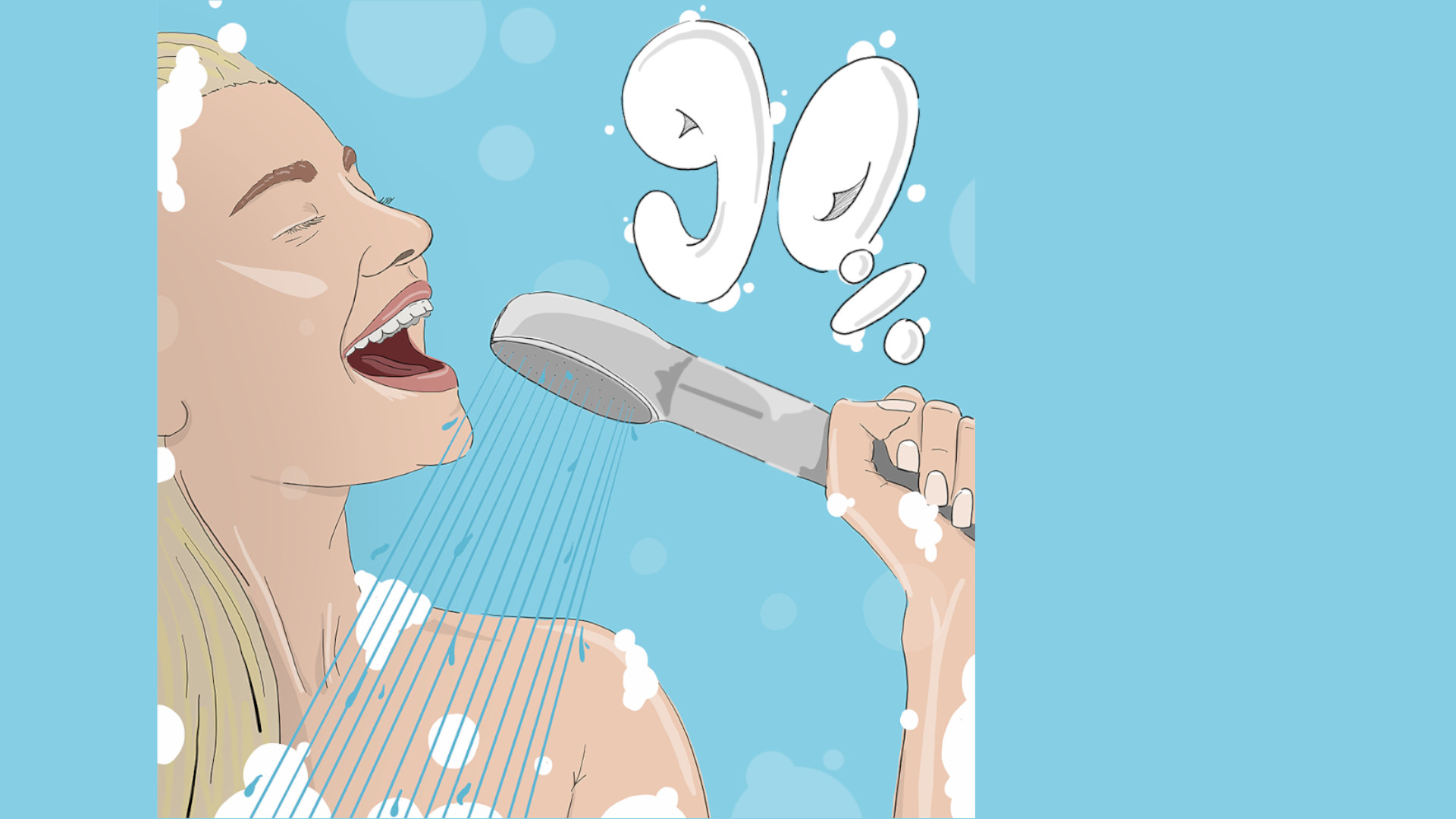 Frau singt fröhlich unter der Dusche, blaue Blasen.