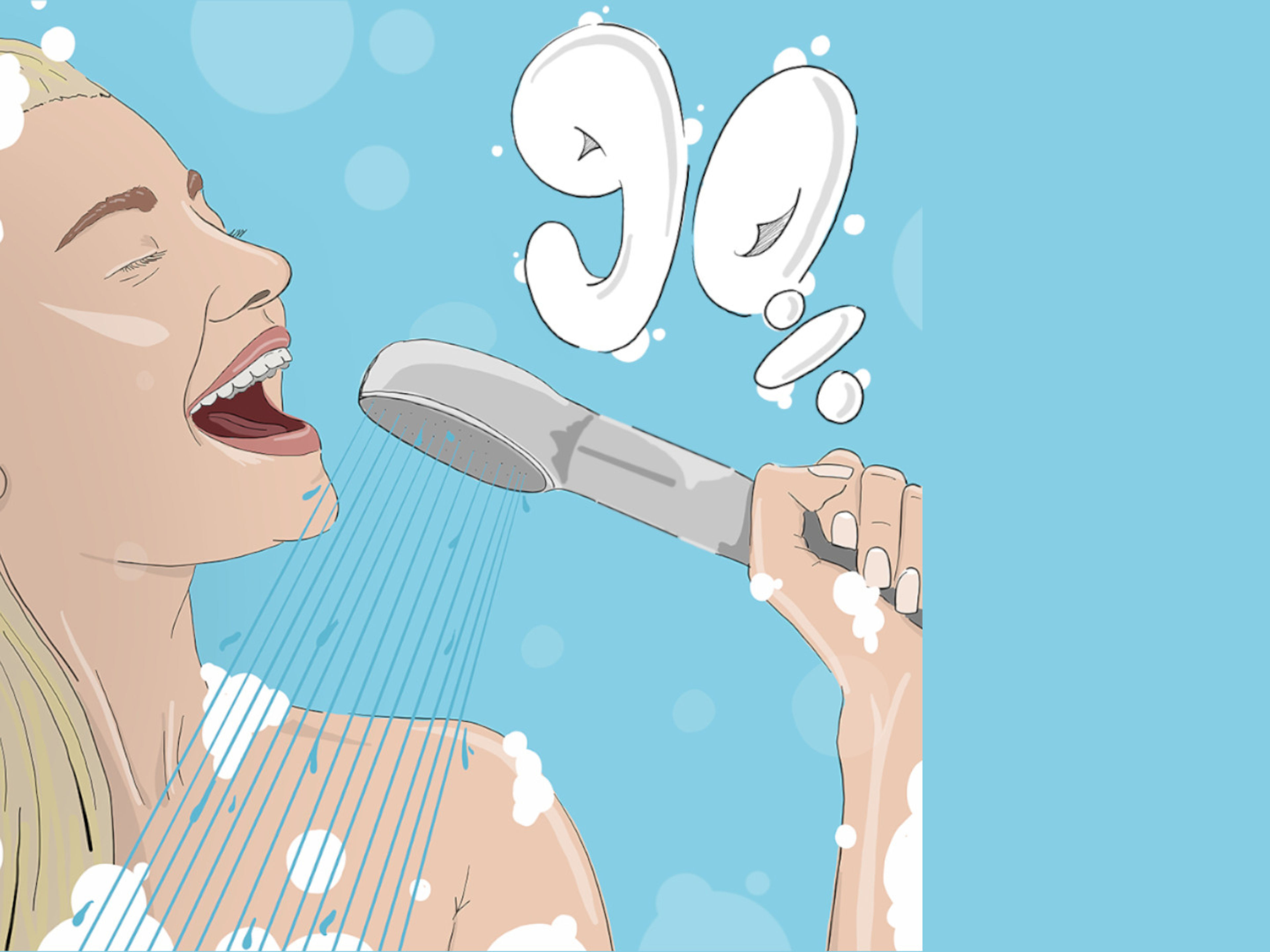 Frau singt fröhlich unter der Dusche, blaue Blasen. Frau singt fröhlich unter der Dusche, blaue Blasen.
