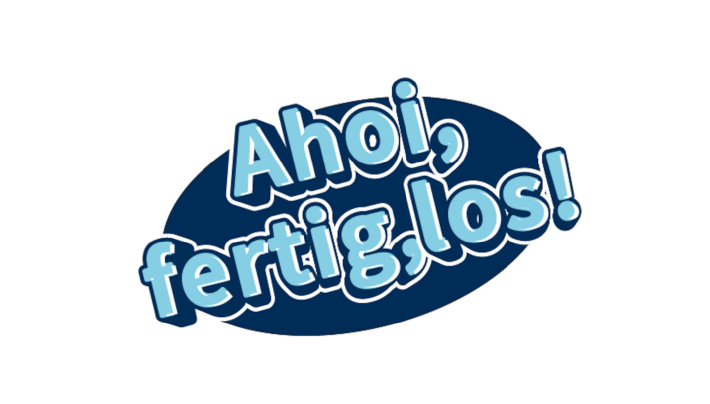 Blauer Schriftzug "Ahoi, fertig, los!" auf dunkelblauem Hintergrund. Blauer Schriftzug "Ahoi, fertig, los!" auf dunkelblauem Hintergrund.