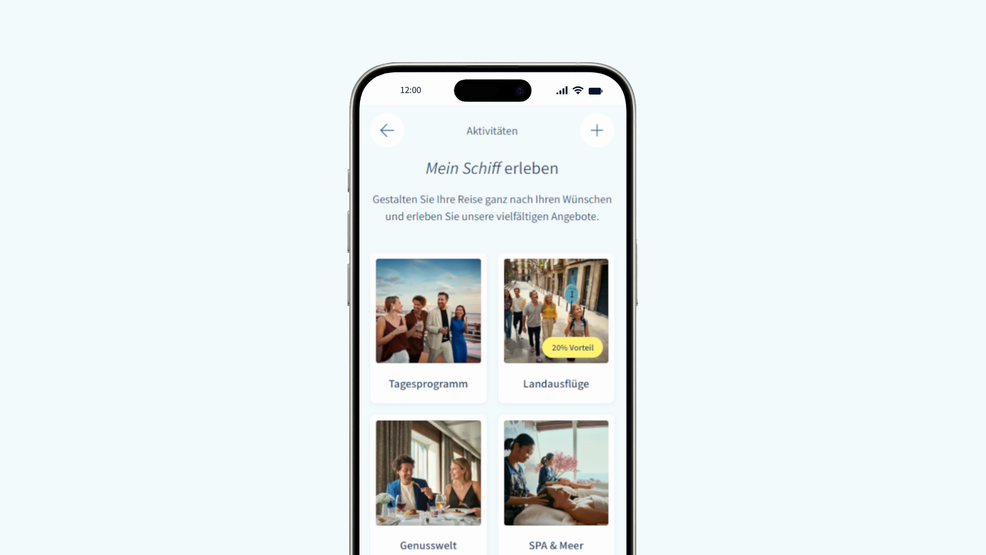 Smartphone zeigt Kreuzfahrtaktivitäten: Tagesprogramm, Landausflüge, Genusswelt, SPA & Meer.