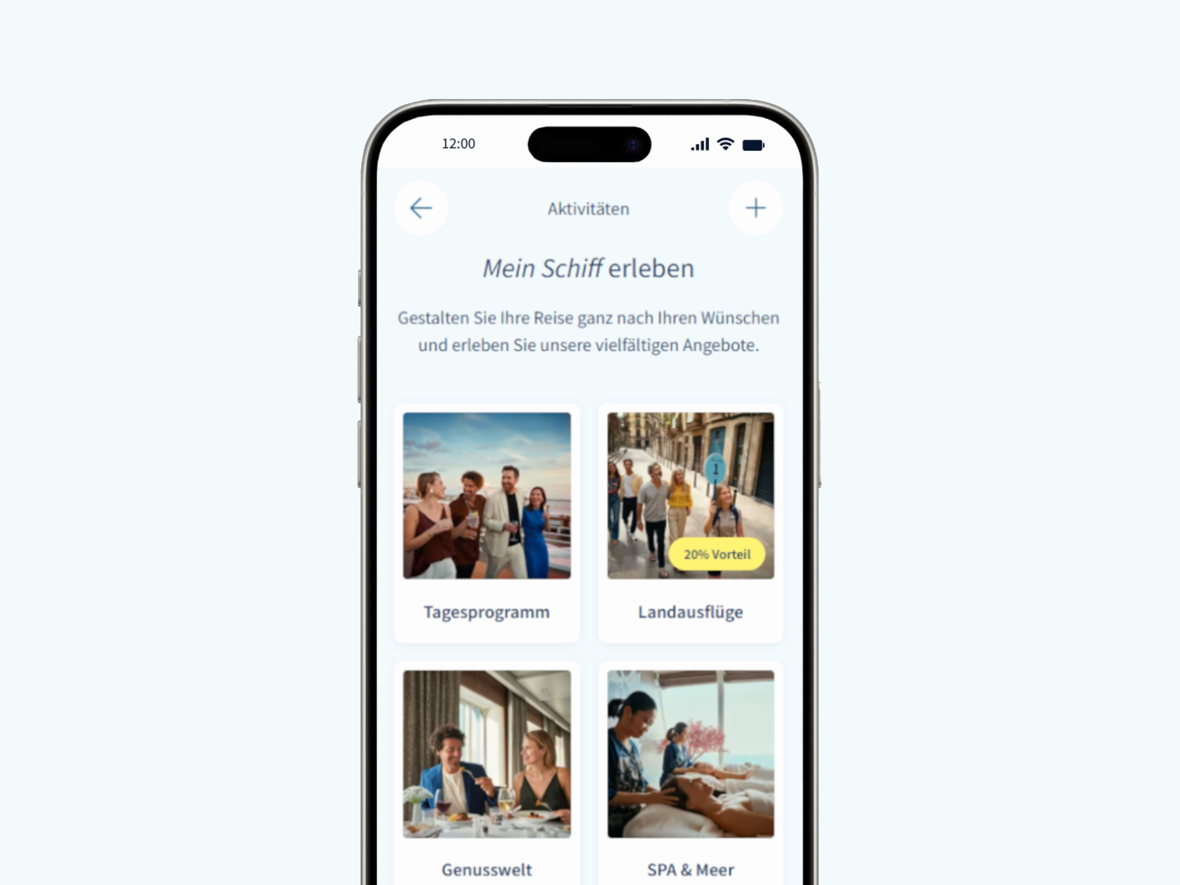 Smartphone zeigt Kreuzfahrtaktivitäten: Tagesprogramm, Landausflüge, Genusswelt, SPA & Meer. Smartphone zeigt Kreuzfahrtaktivitäten: Tagesprogramm, Landausflüge, Genusswelt, SPA & Meer.