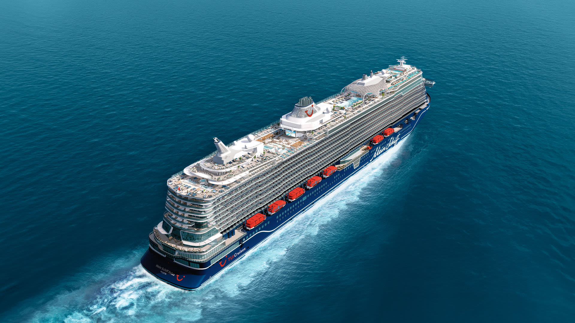 Heckansicht Mein Schiff Relax Kreuzfahrtschiff der Mein Schiff® Flotte auf blauem Meer.