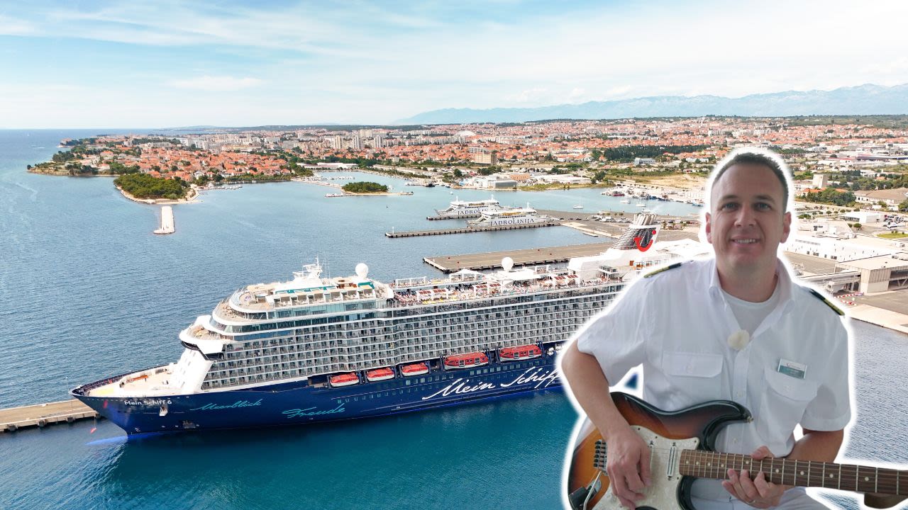 Kreuzfahrtschiff der Mein Schiff® Flotte in Hafenstadt, Mann mit Gitarre.