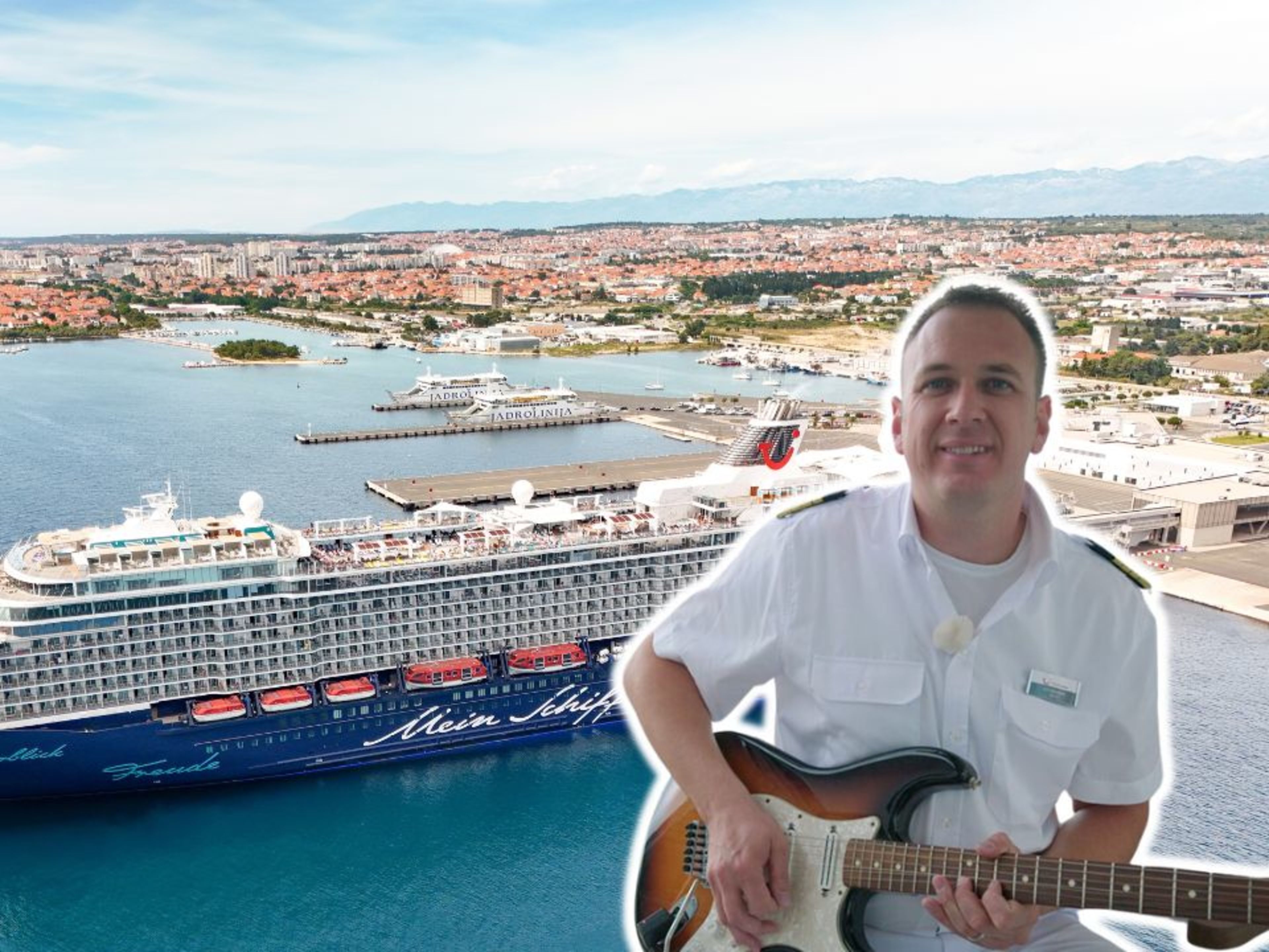 Vito Krizmanic Kreuzfahrtschiff der Mein Schiff® Flotte in Hafenstadt, Mann mit Gitarre.