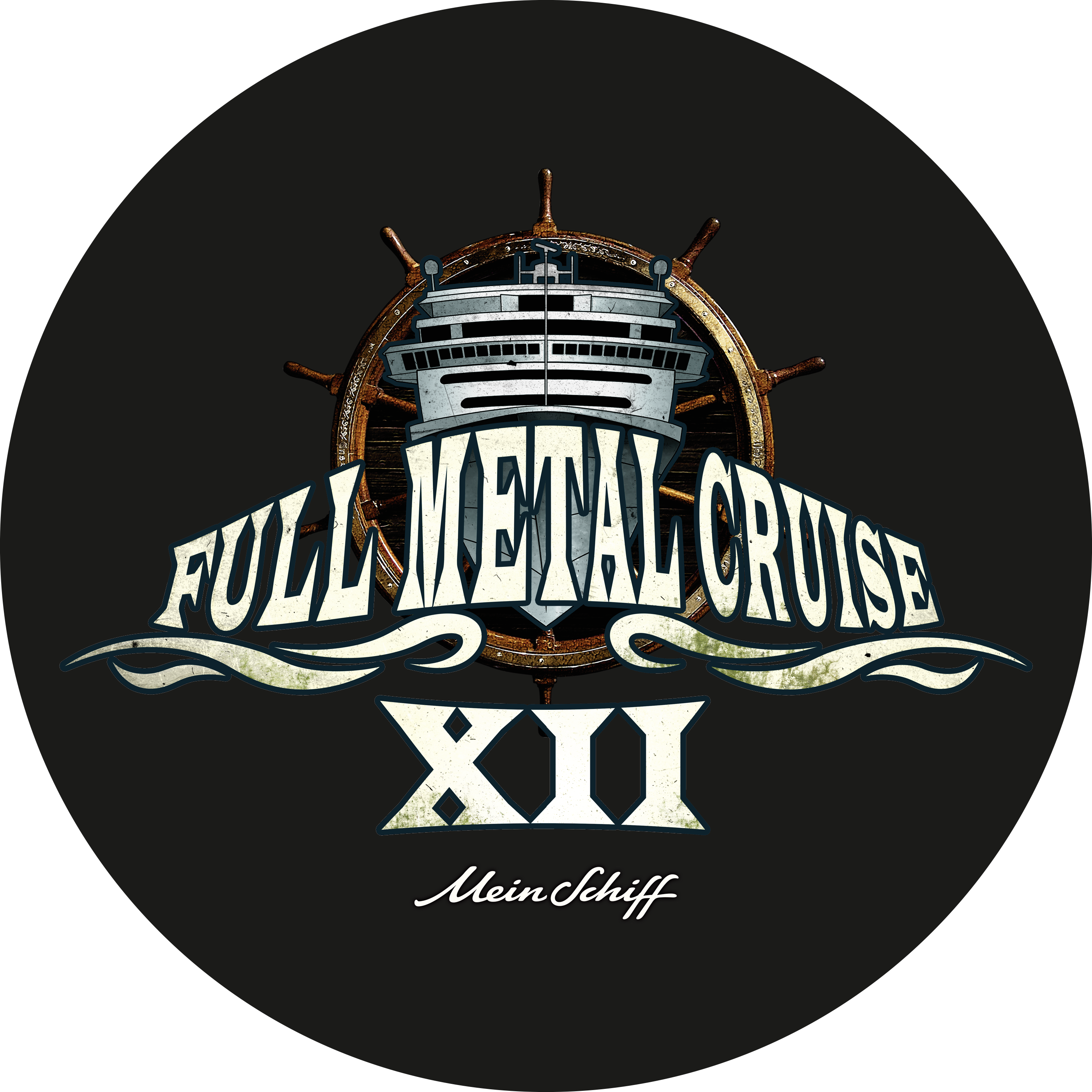 Kreuzfahrtschiff-Logo mit "Full Metal Cruise XII" Schriftzug.