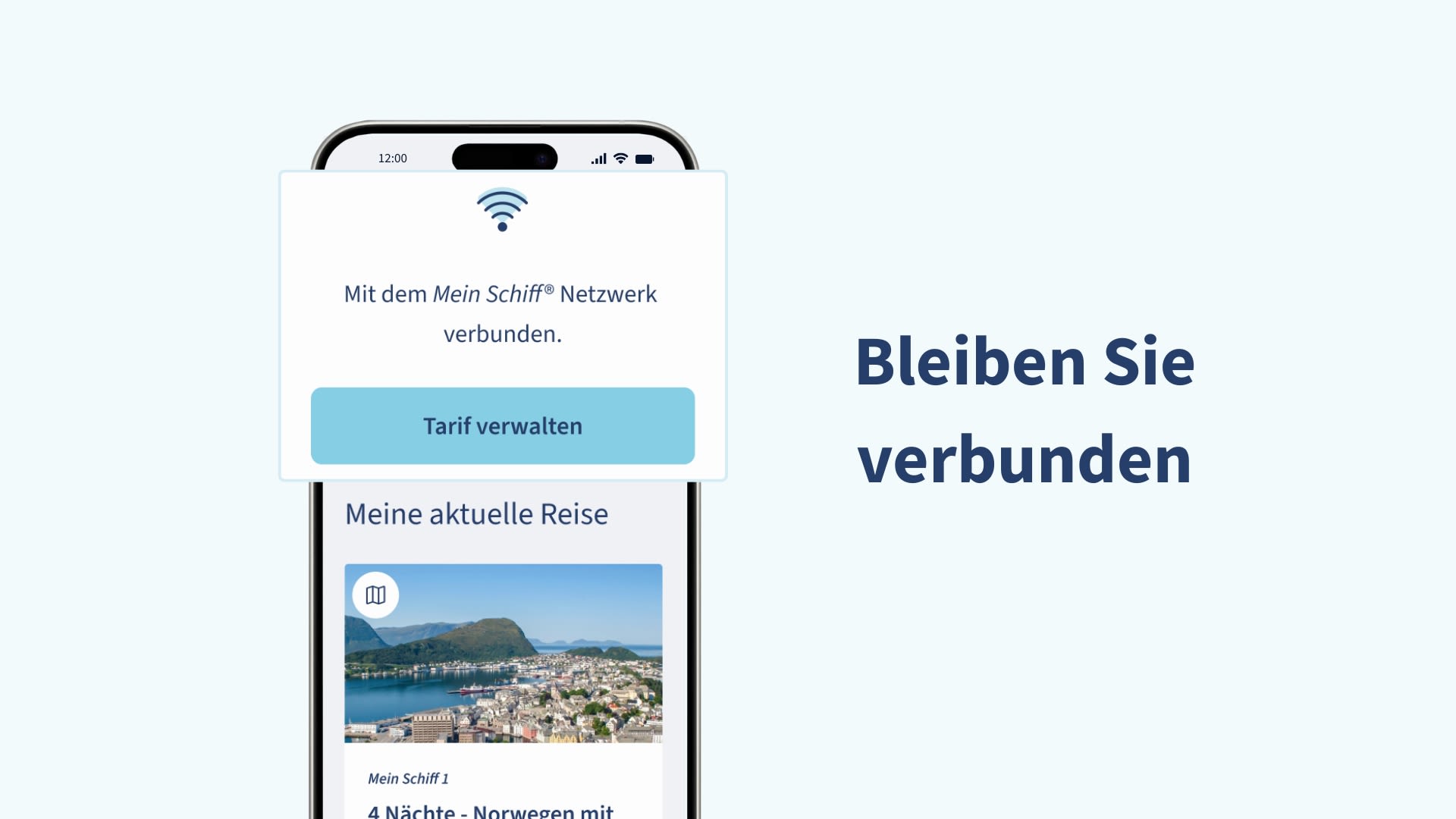 Smartphone zeigt Mein Schiff® Netzwerkverbindung und Norwegen-Reise.