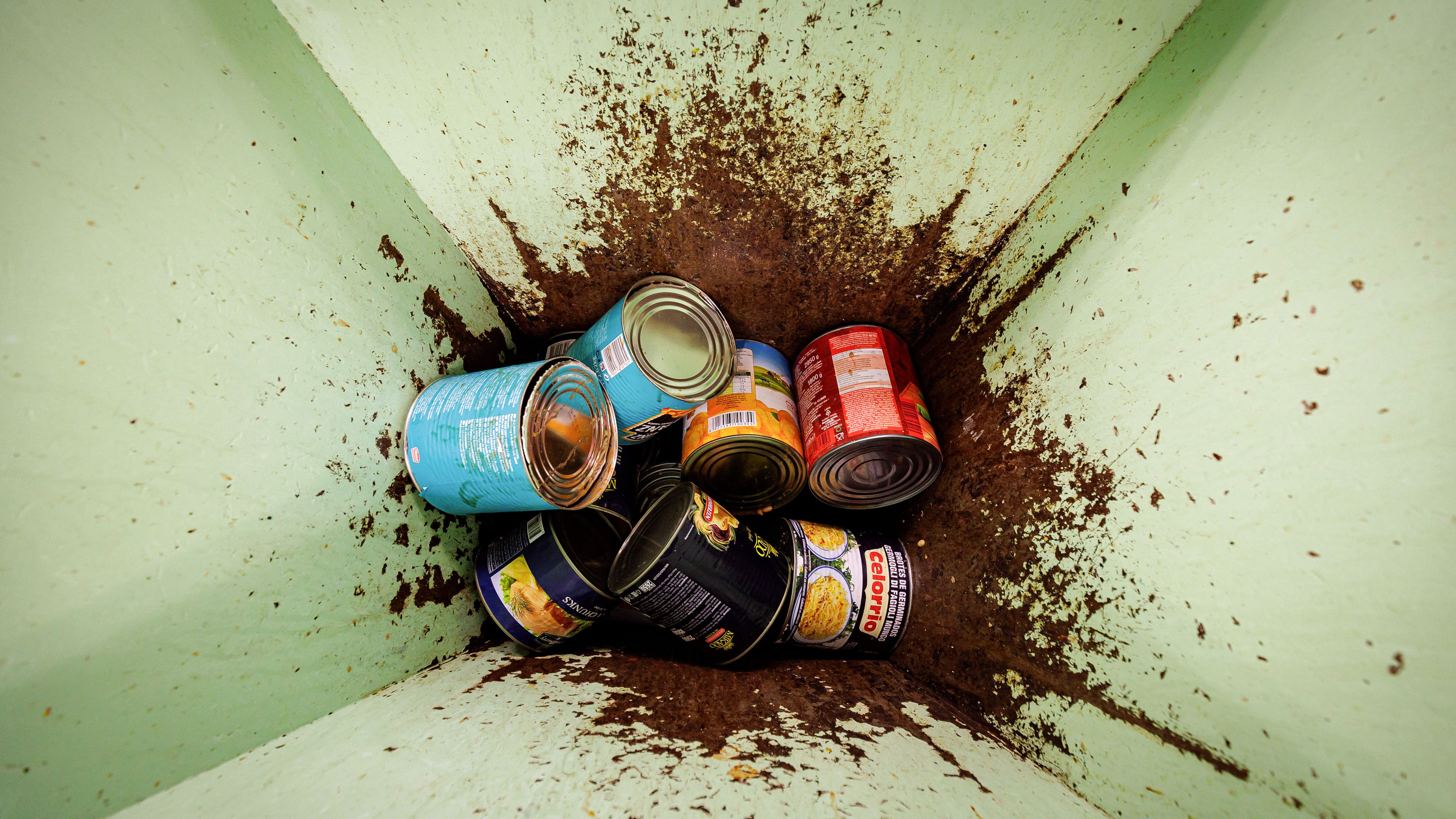 Bunte Konservendosen in einem schmutzigen, grünen Container.