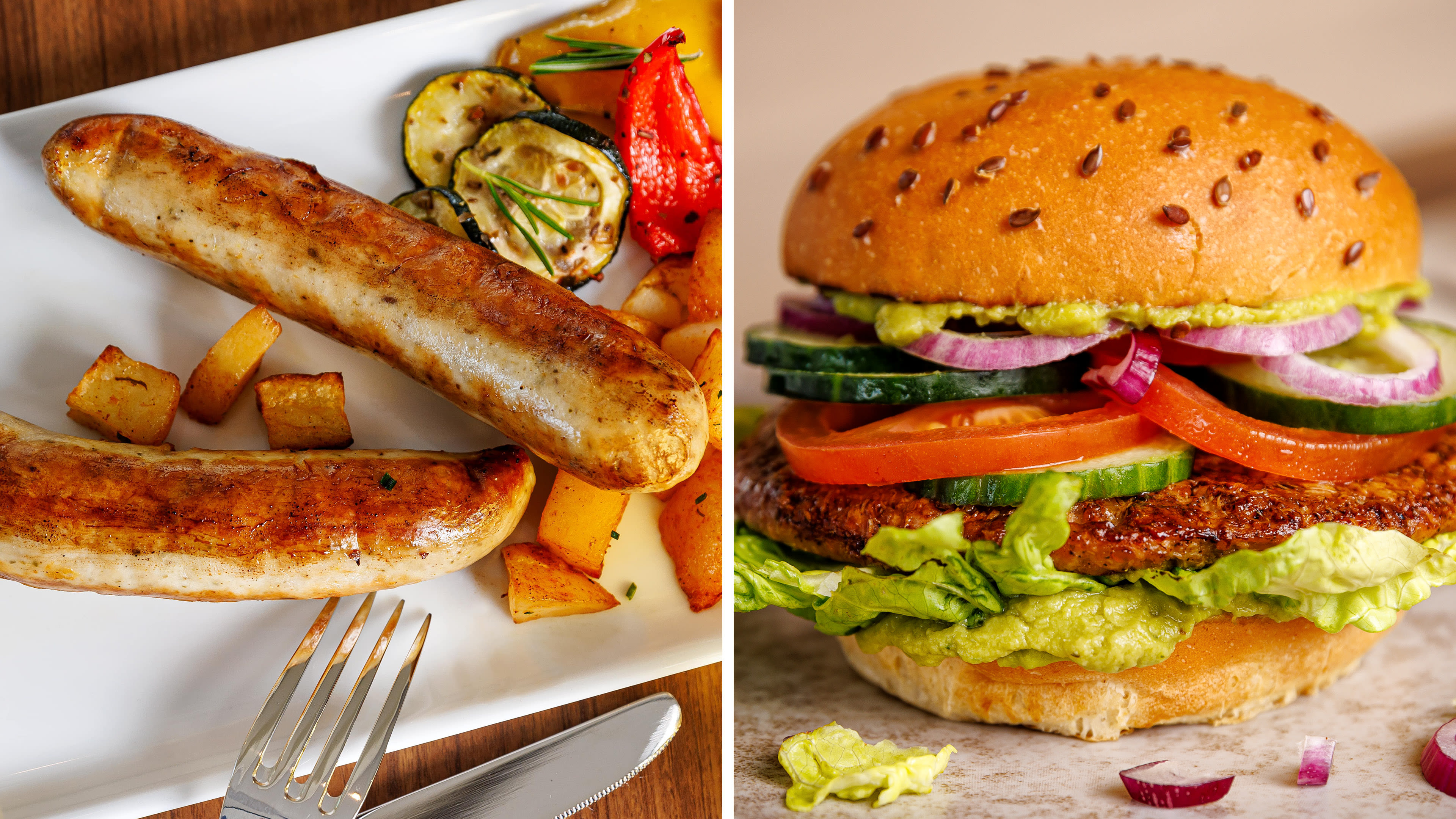 Bratwurst mit Gemüse und Kartoffeln, daneben ein Burger mit Salat und Tomaten.