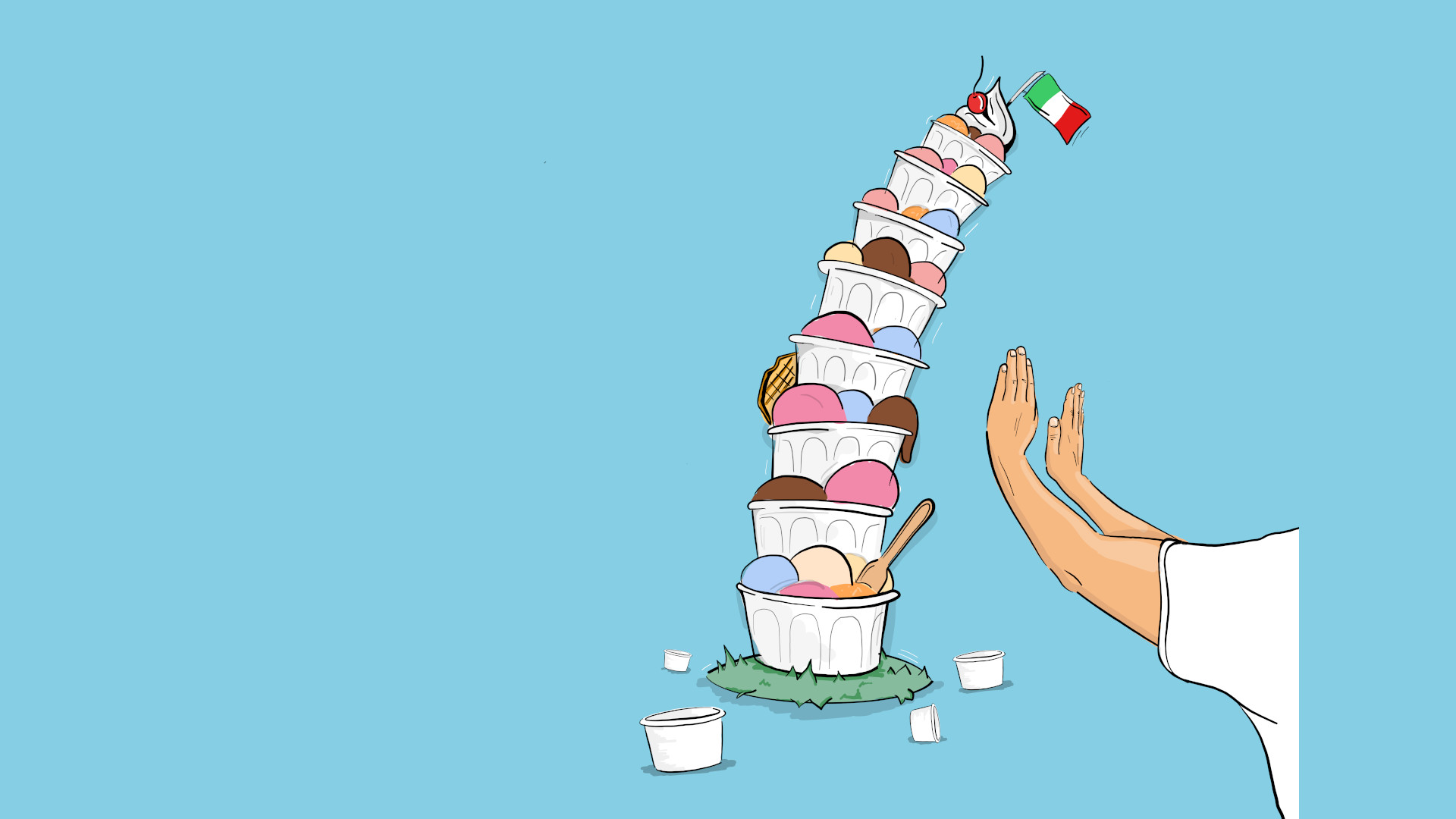 Eisturm mit italienischer Flagge, Hände stützen ihn.