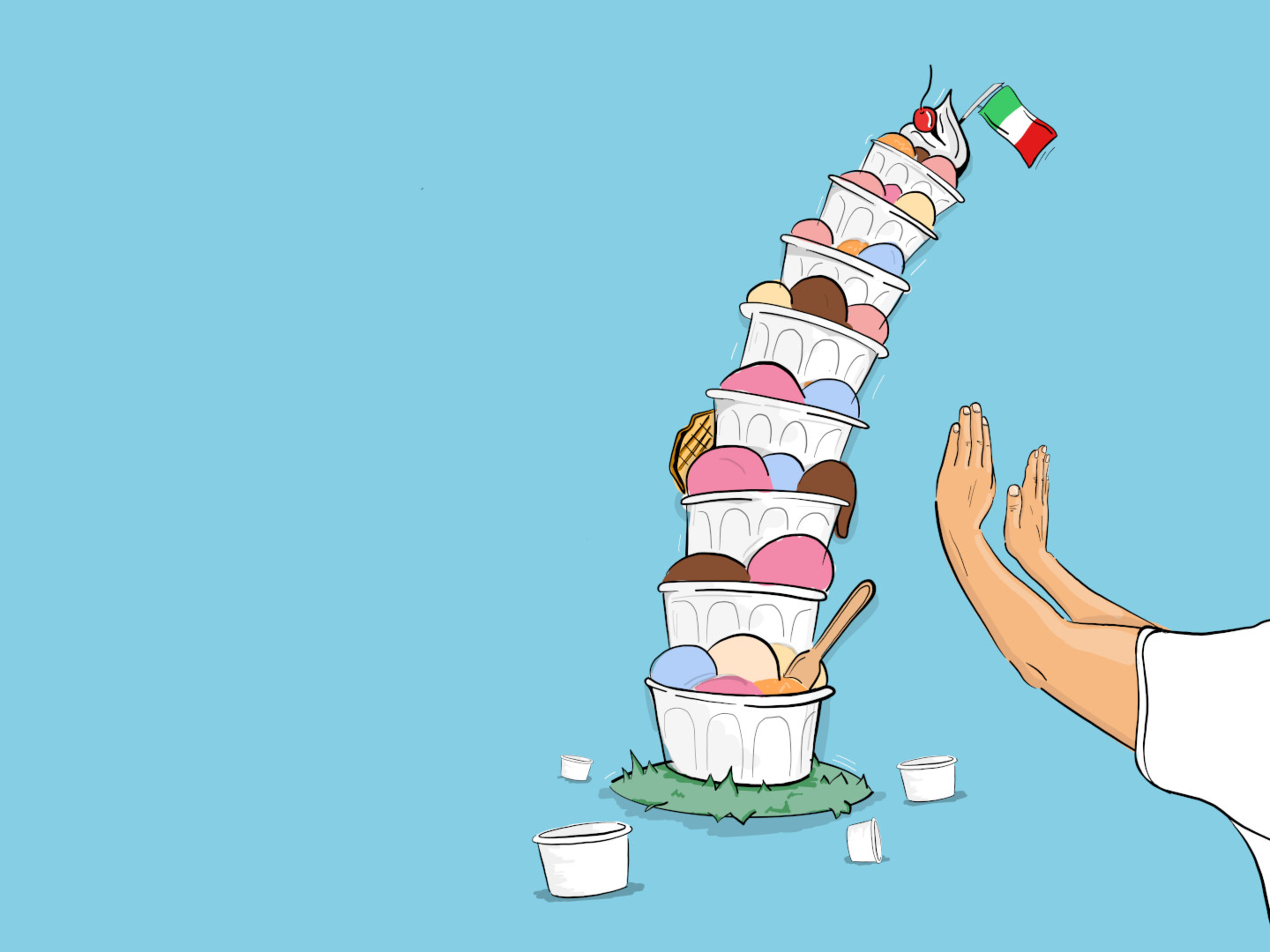 Eisturm mit italienischer Flagge, Hände stützen ihn. Eisturm mit italienischer Flagge, Hände stützen ihn.