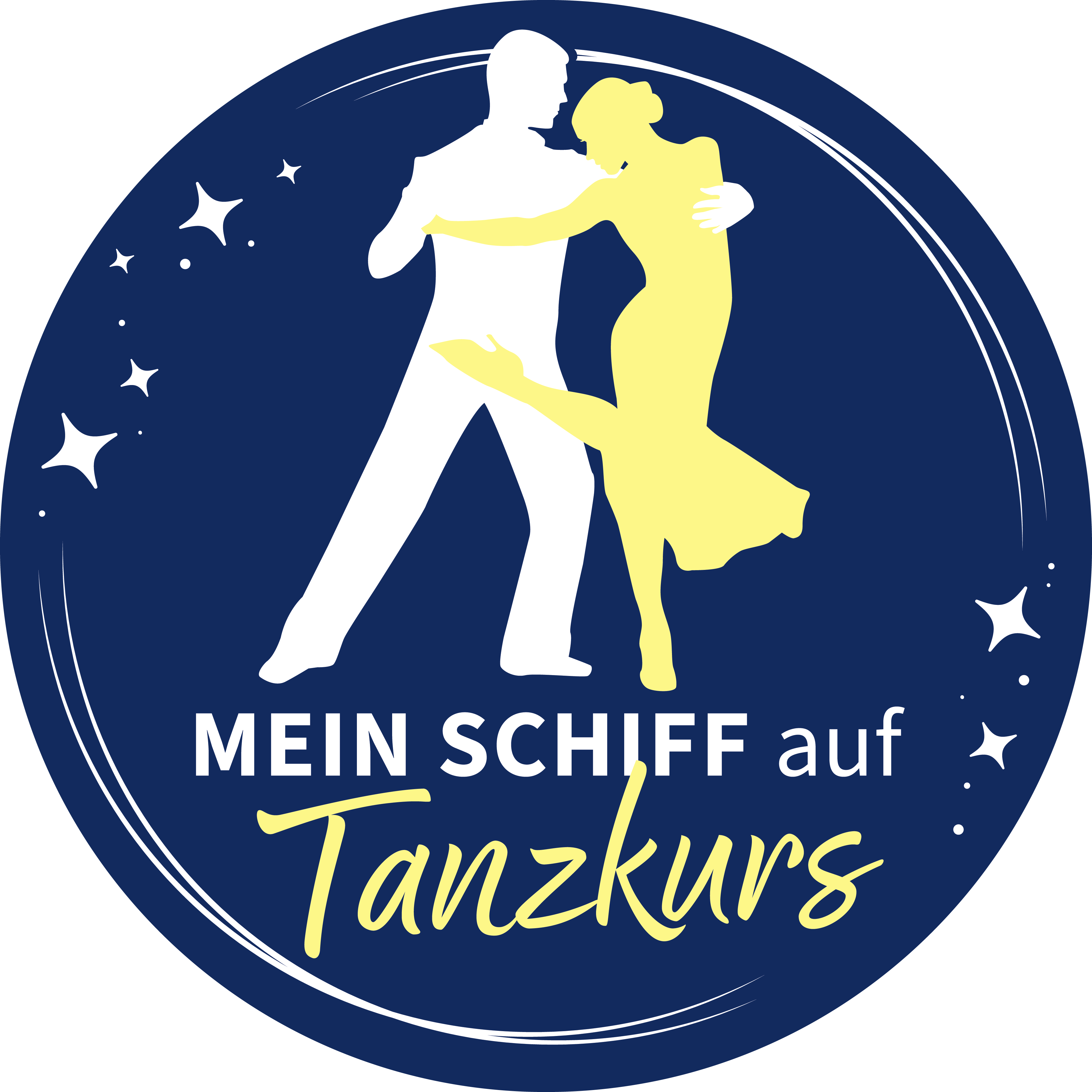 Tanzendes Paar in gelb und weiß auf blauem Hintergrund.