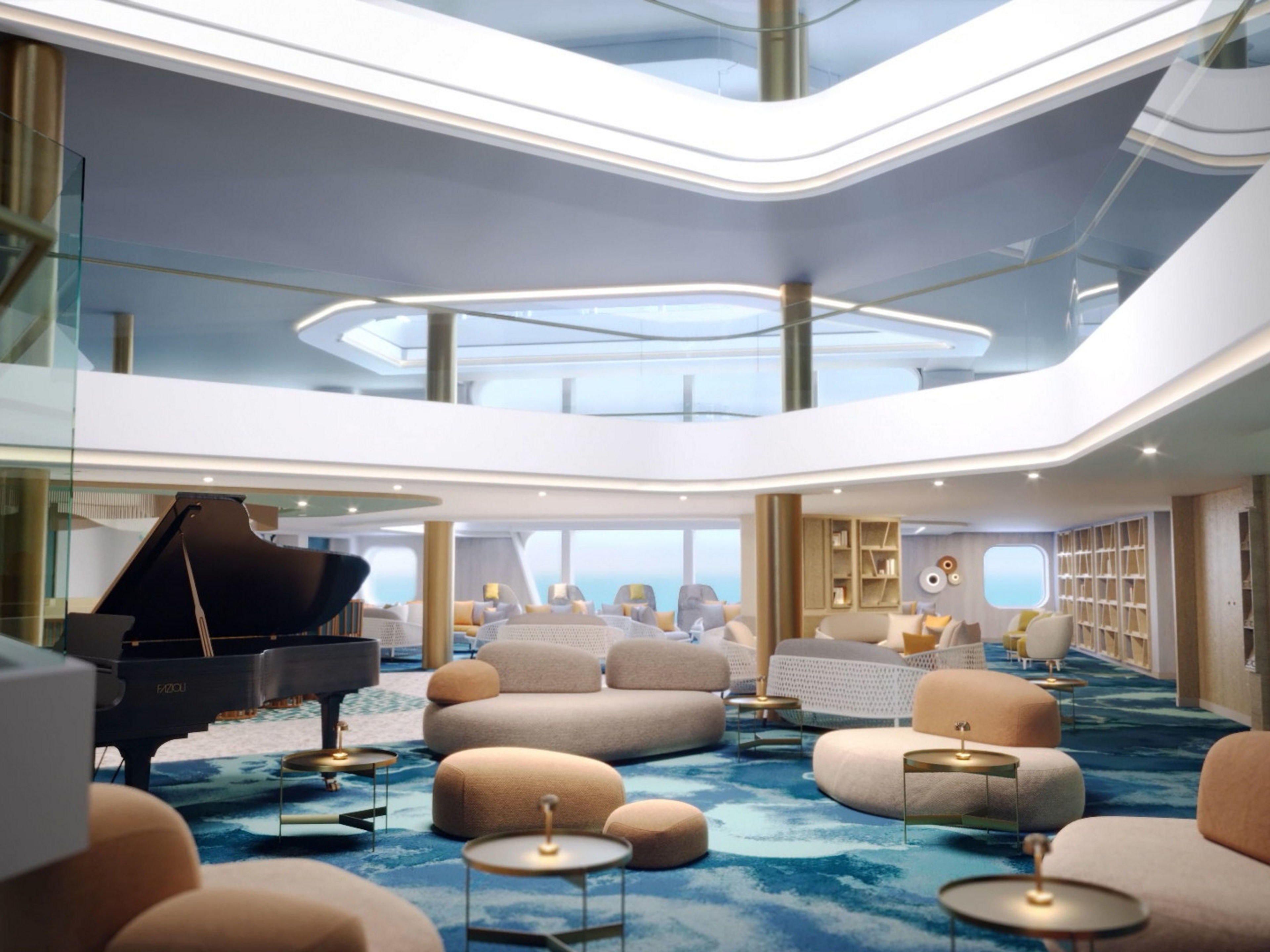 Mein Schiff Flow Atrium - Rendering Elegante Lounge mit Flügel, modernen Möbeln und blauen Akzenten.
