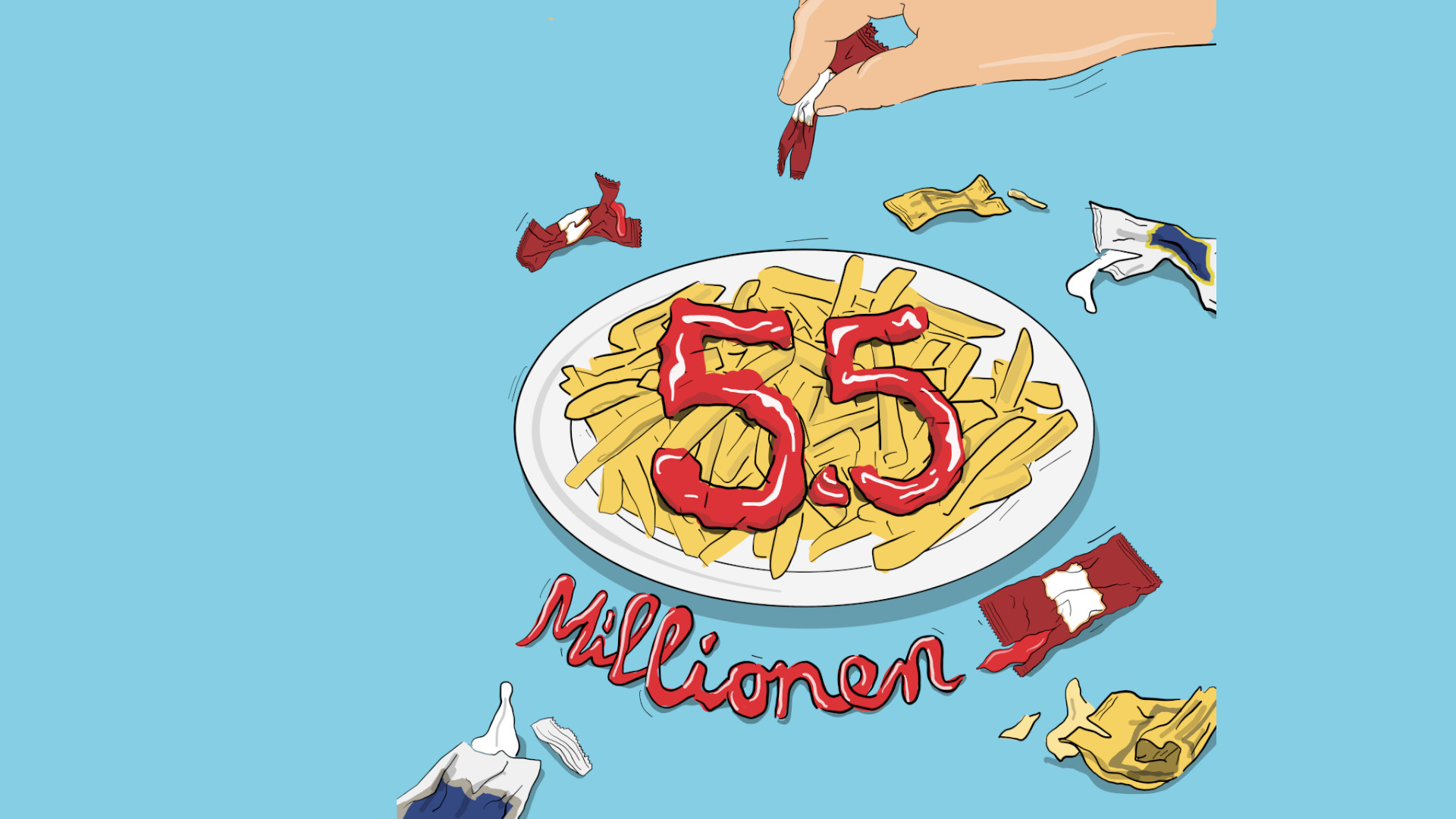 Pommes mit Ketchup, Zahl 5.5, Millionen, blaue Hintergrund.