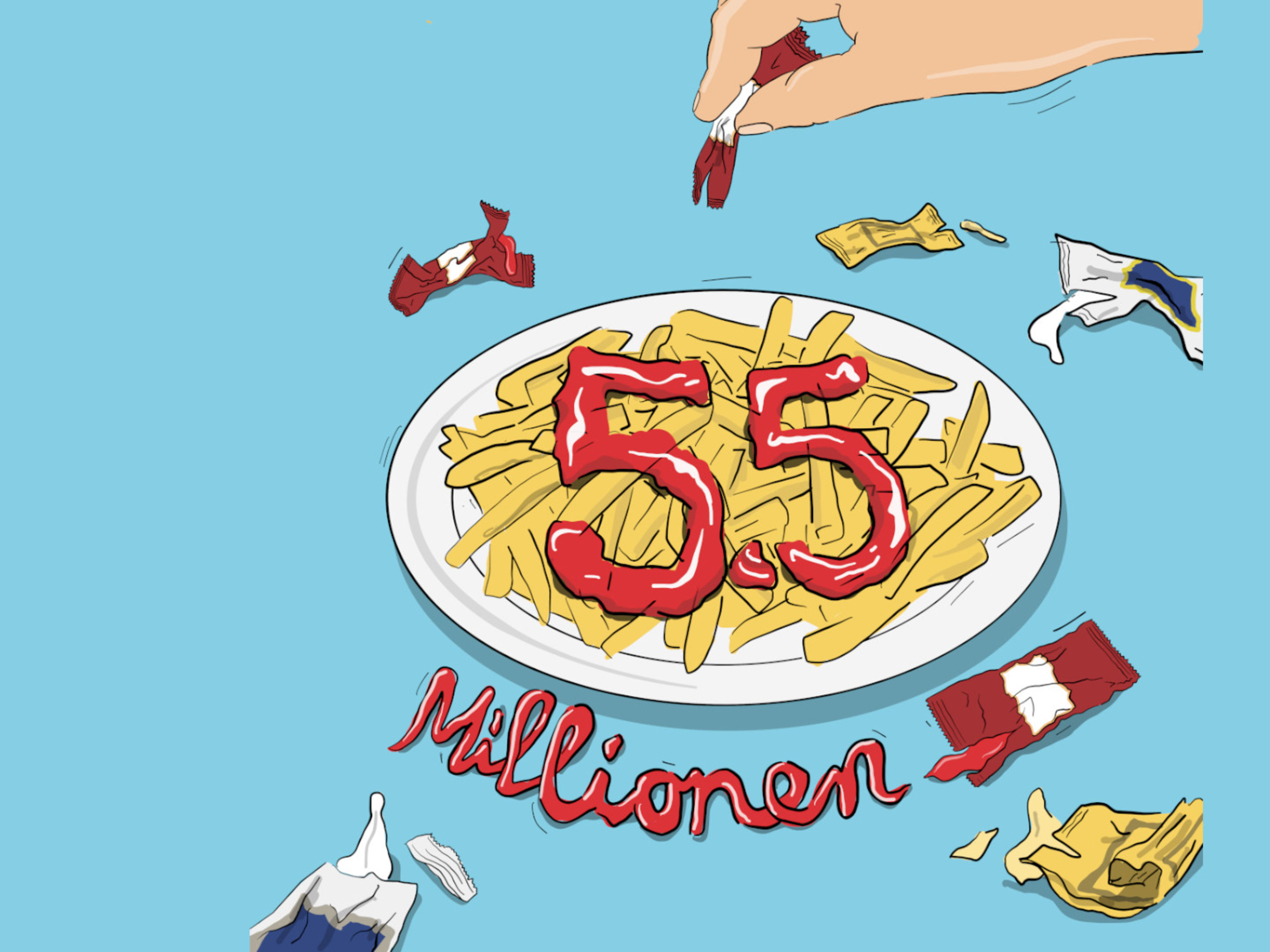 Pommes mit Ketchup, Zahl 5.5, Millionen, blaue Hintergrund. Pommes mit Ketchup, Zahl 5.5, Millionen, blaue Hintergrund.