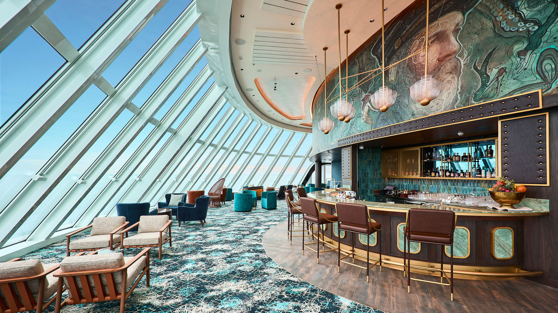 Moderne Bar mit Panoramafenstern, blauer Himmel, stilvolle Einrichtung.