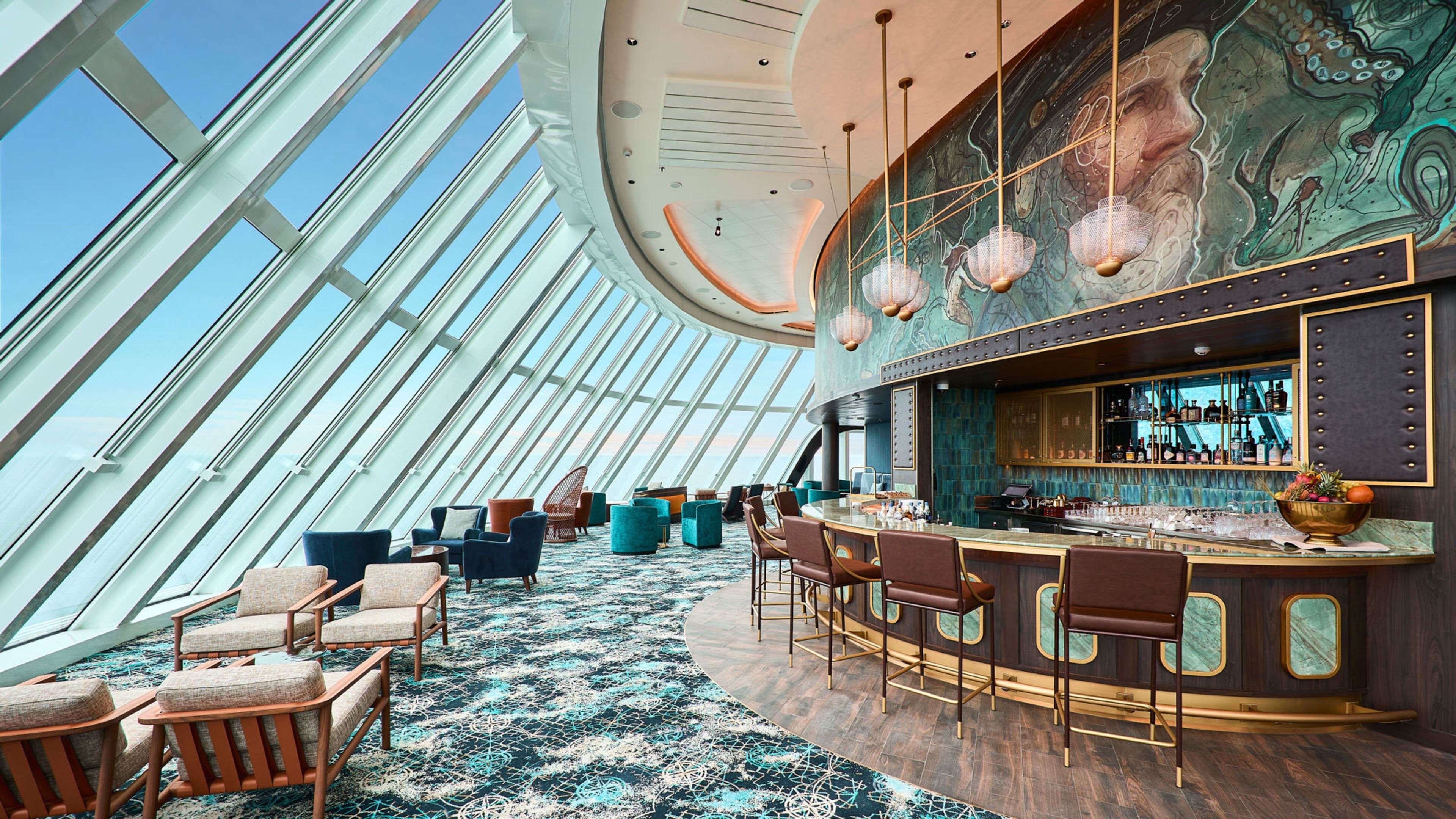 Moderne Bar mit Panoramafenstern, blauer Himmel, stilvolle Einrichtung. Moderne Bar mit Panoramafenstern, blauer Himmel, stilvolle Einrichtung.