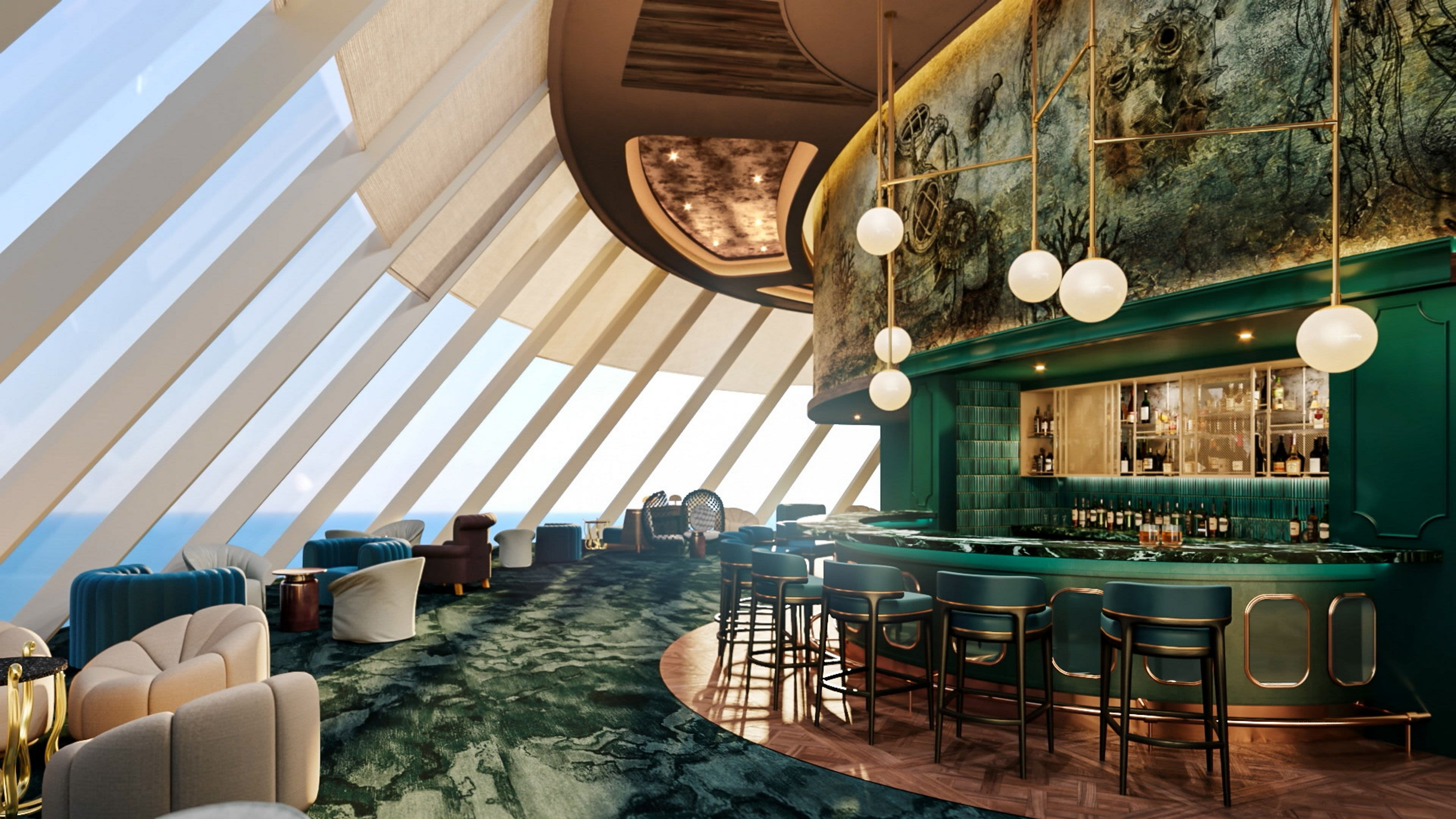 Elegante Bar mit grüner Theke und großen Fenstern auf Kreuzfahrtschiff. Elegante Bar mit grüner Theke und großen Fenstern auf Kreuzfahrtschiff.