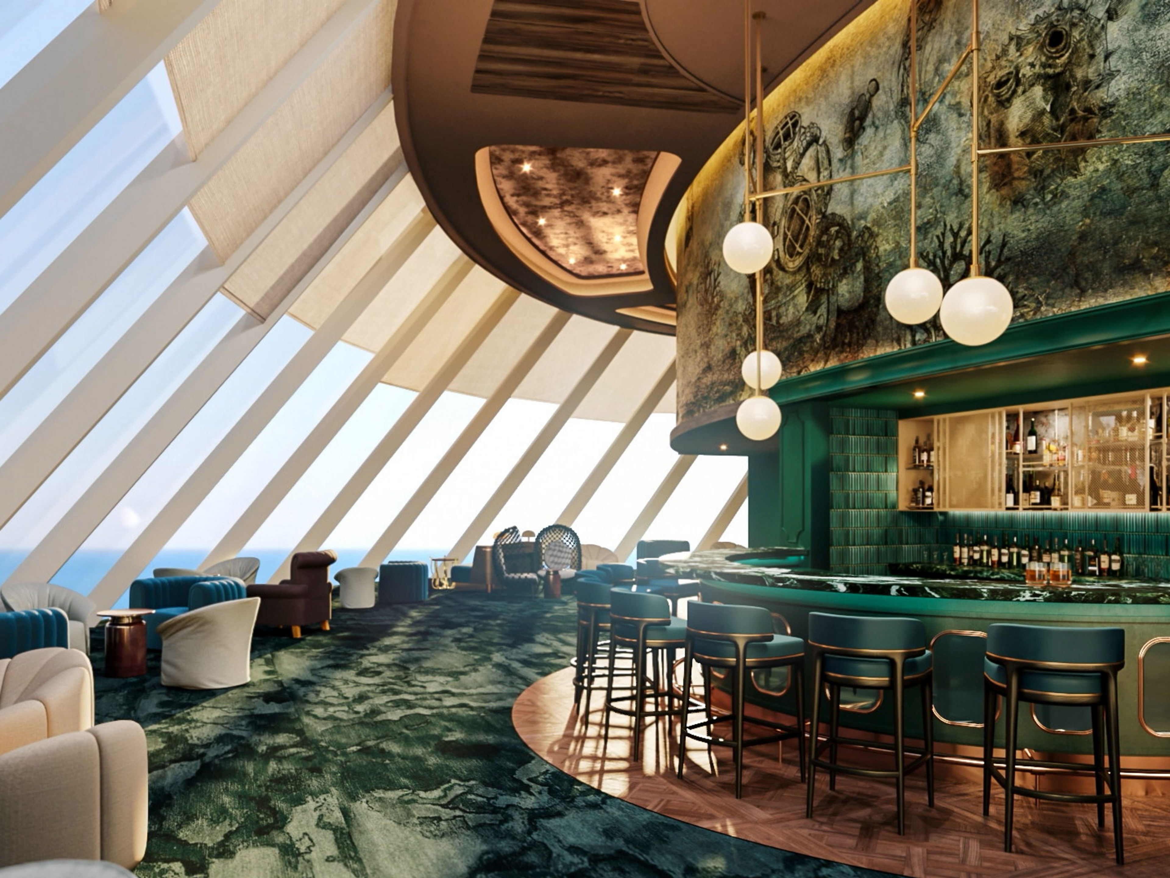 Elegante Bar mit grüner Theke und großen Fenstern auf Kreuzfahrtschiff. Elegante Bar mit grüner Theke und großen Fenstern auf Kreuzfahrtschiff.