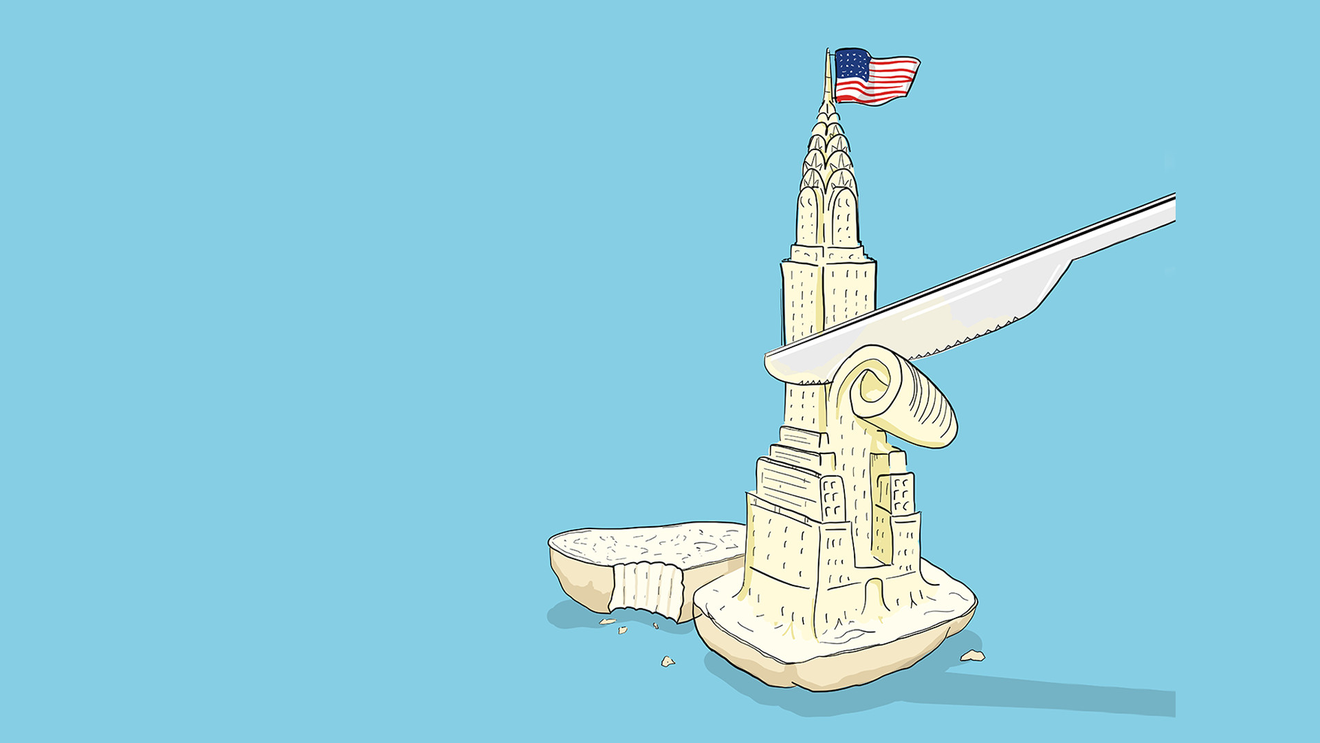 Chrysler Building aus Butter geschnitzt, US-Flagge, blauem Hintergrund.