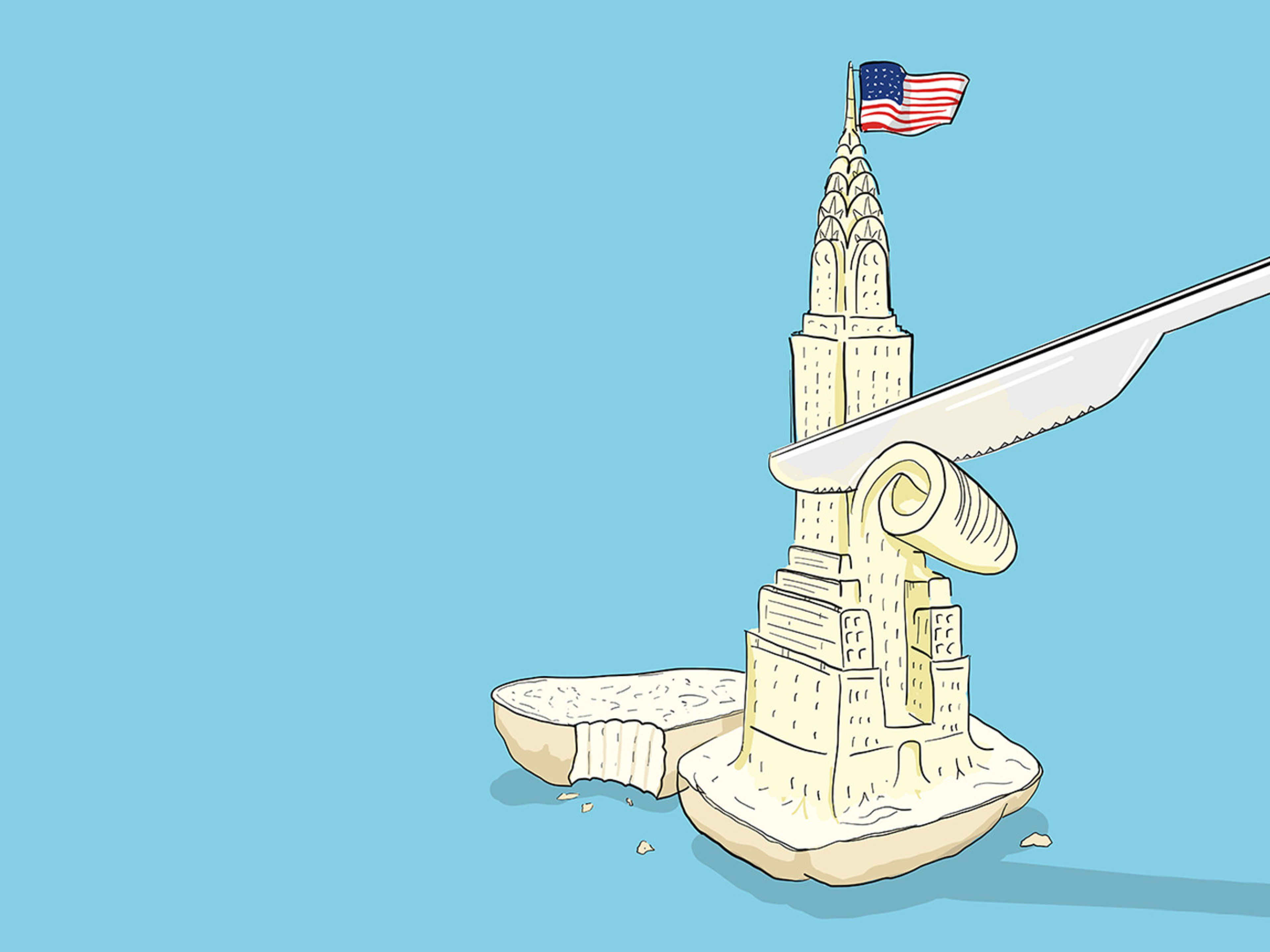 Butter Chrysler Building aus Butter geschnitzt, US-Flagge, blauem Hintergrund.