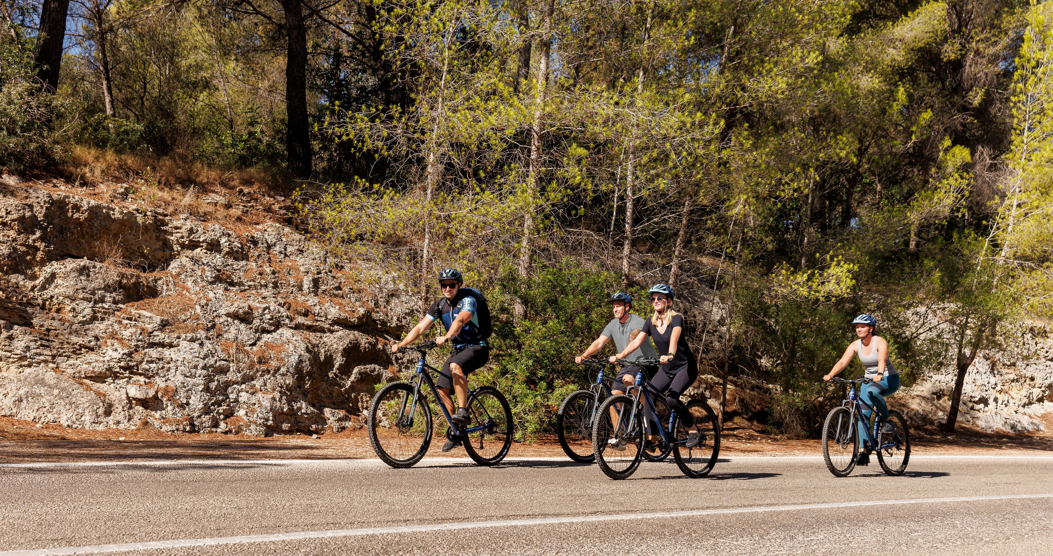 Vier Radfahrer auf einer Straße im Wald, sonniger Tag. Vier Radfahrer auf einer Straße im Wald, sonniger Tag.