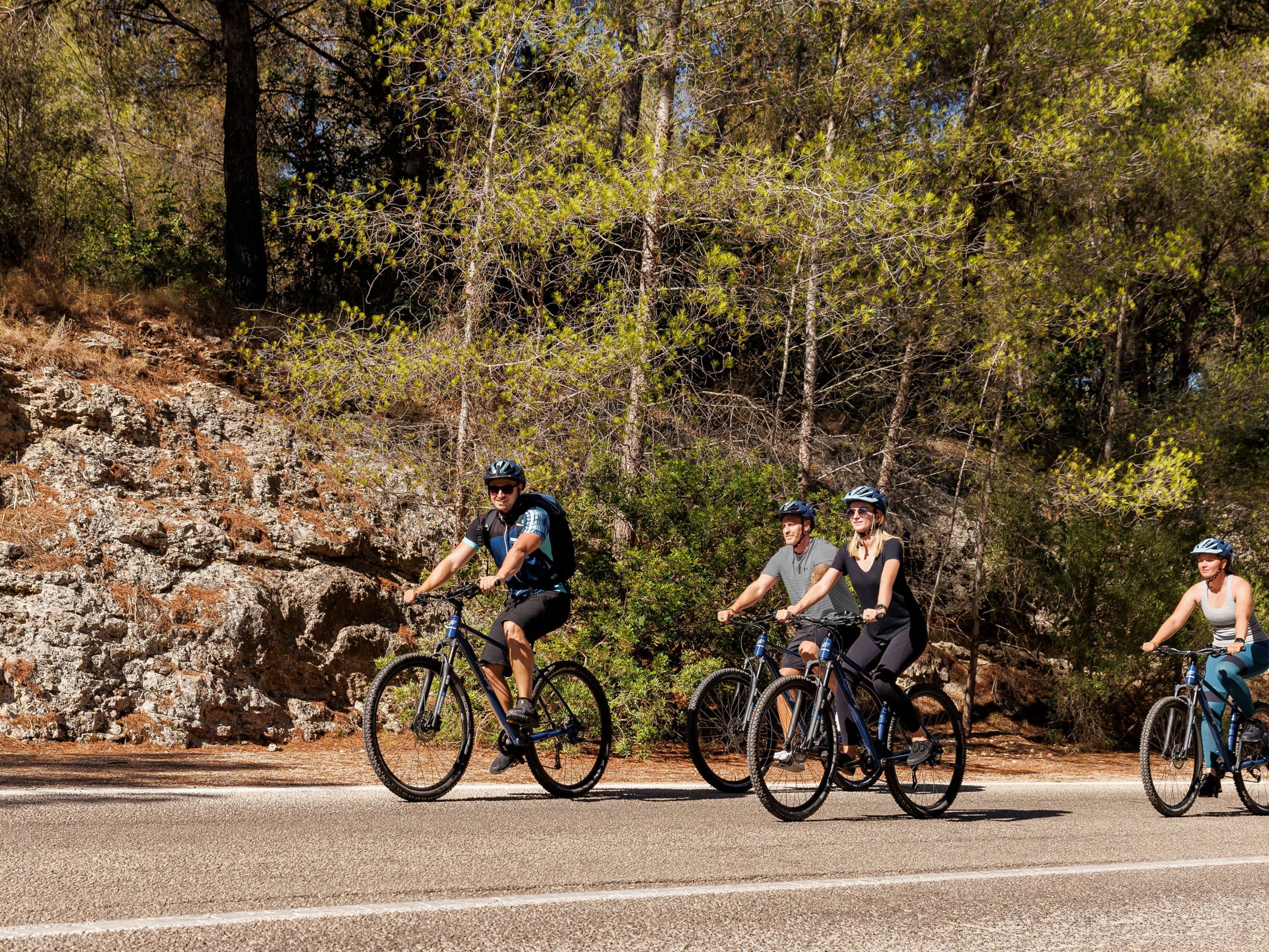 Landausflüge - Bikeausflug Vier Radfahrer auf einer Straße im Wald, sonniger Tag.
