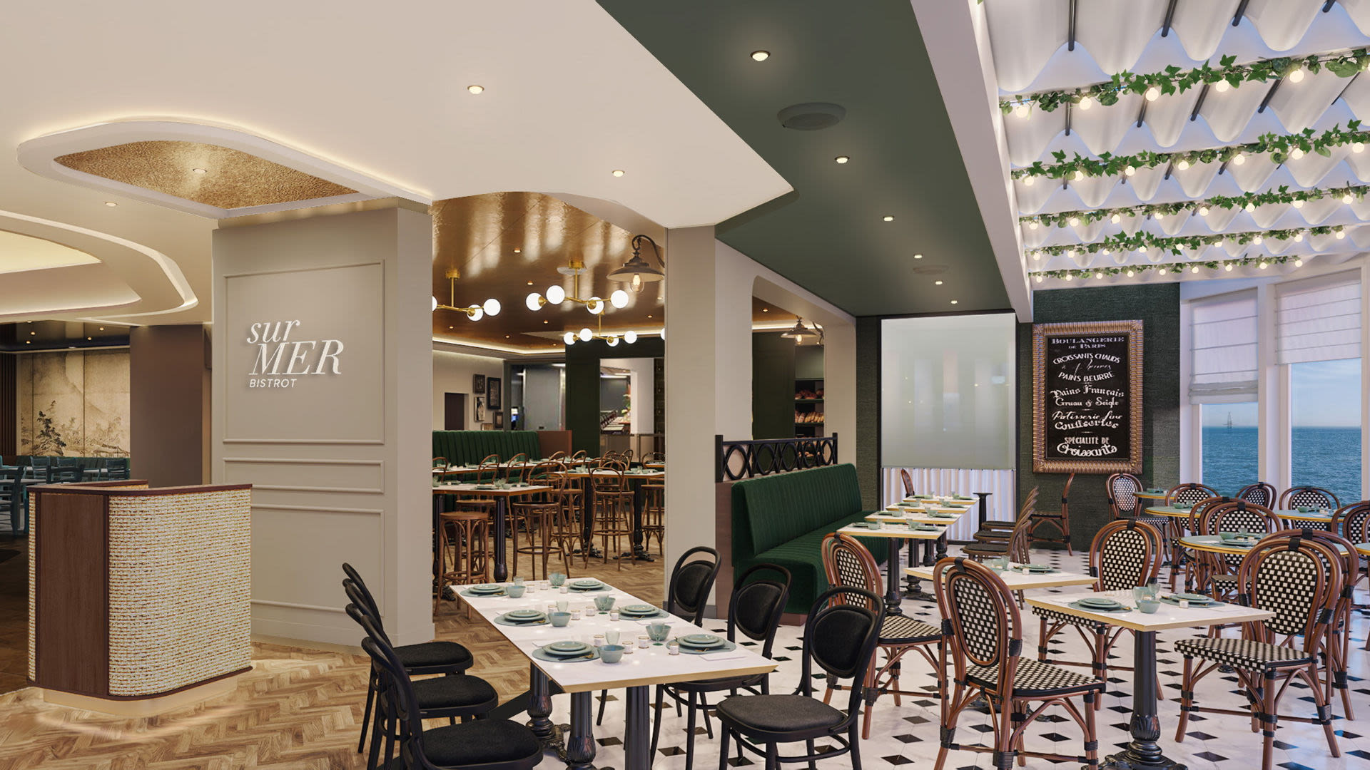 Elegantes Restaurant mit Meerblick, gedeckte Tische, grüne Akzente.