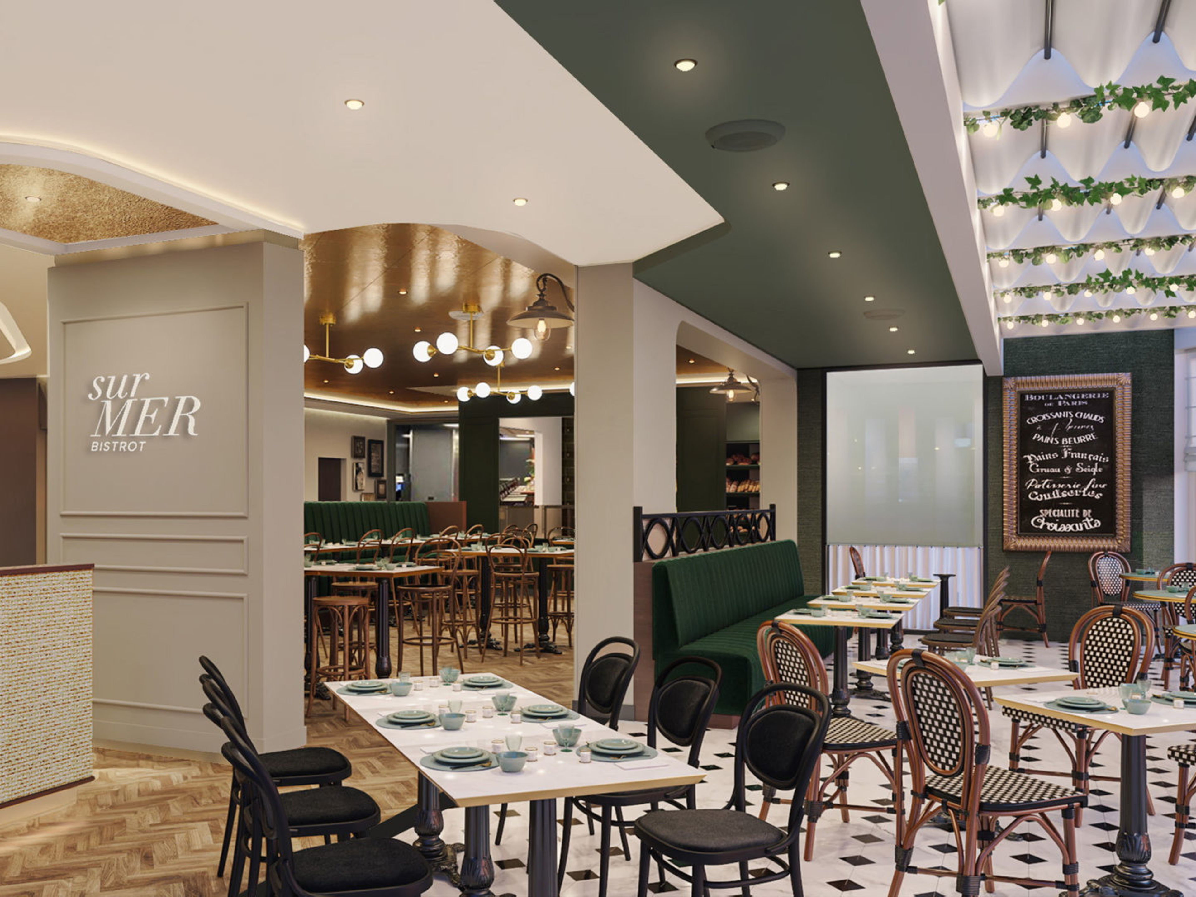 Rendering Mein Schiff Flow Sur Mer Bistrot Elegantes Restaurant mit Meerblick, gedeckte Tische, grüne Akzente.