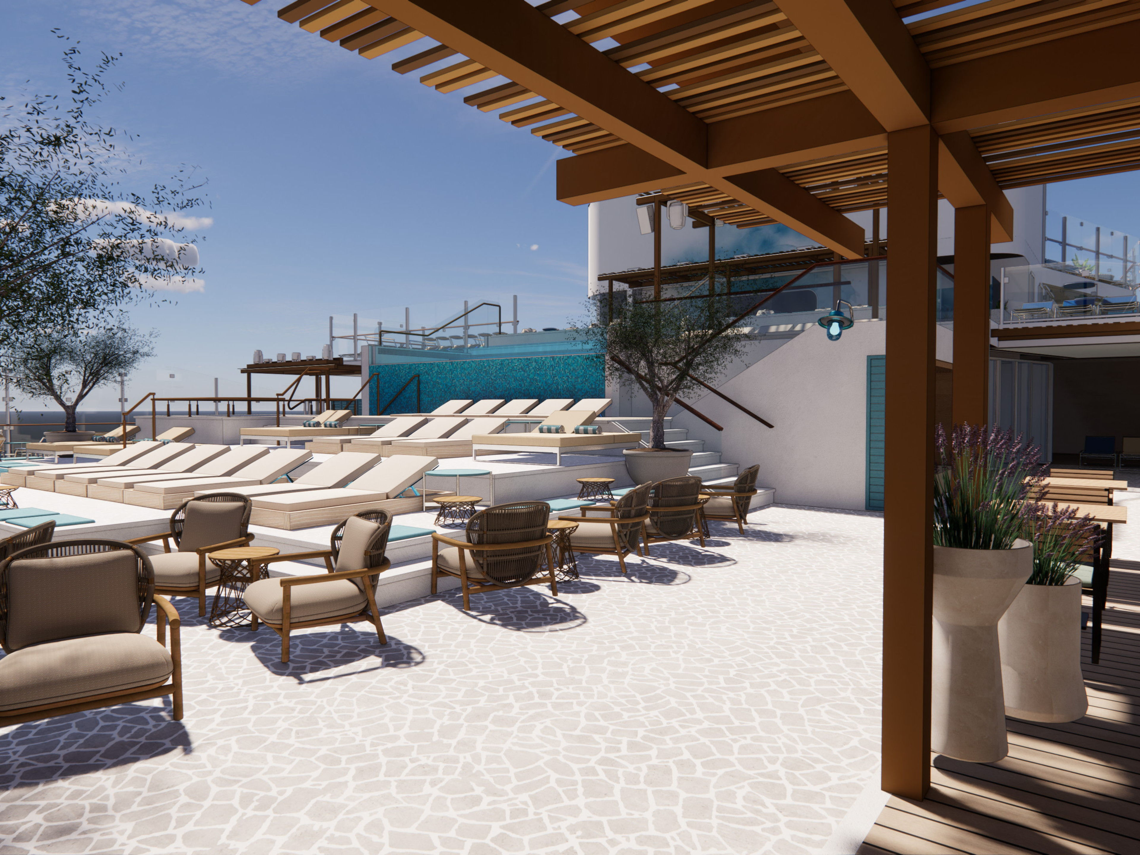 Sonnendeck mit Liegestühlen und Sitzbereich auf Kreuzfahrtschiff. Sonnendeck mit Liegestühlen und Sitzbereich auf Kreuzfahrtschiff.