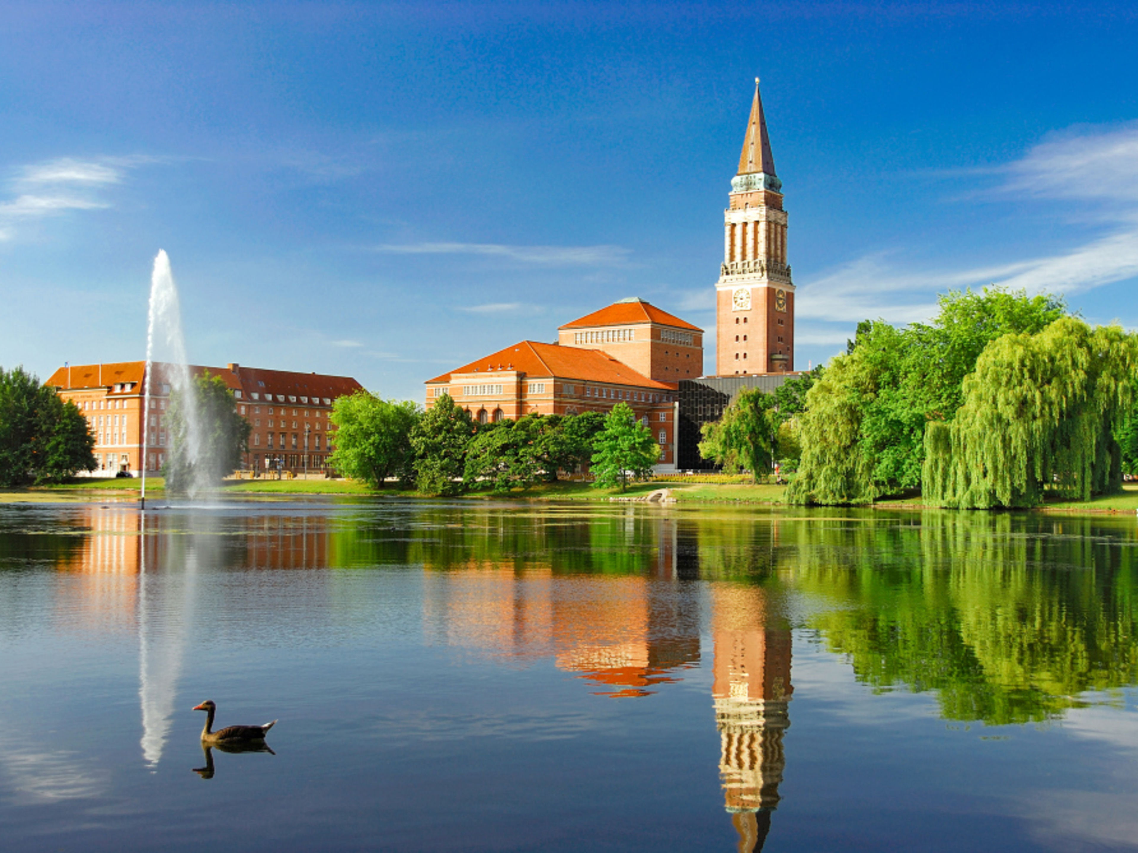 Kiel Rathaus Kiel, See mit Springbrunnen, Ente, blauer Himmel.