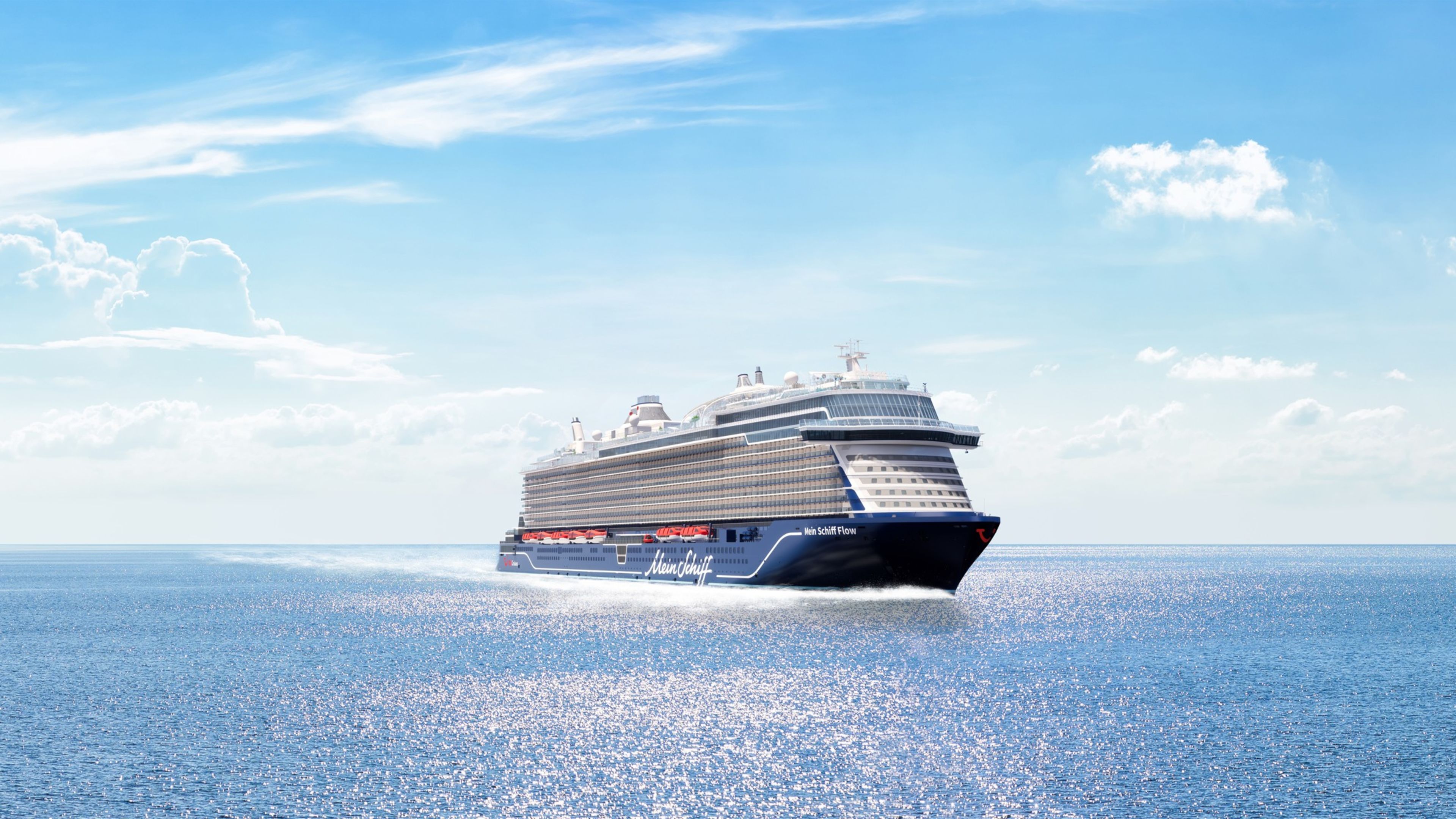 Mein Schiff Flow Frontview - Rendering Kreuzfahrtschiff der Mein Schiff® Flotte auf offenem Meer unter blauem Himmel.