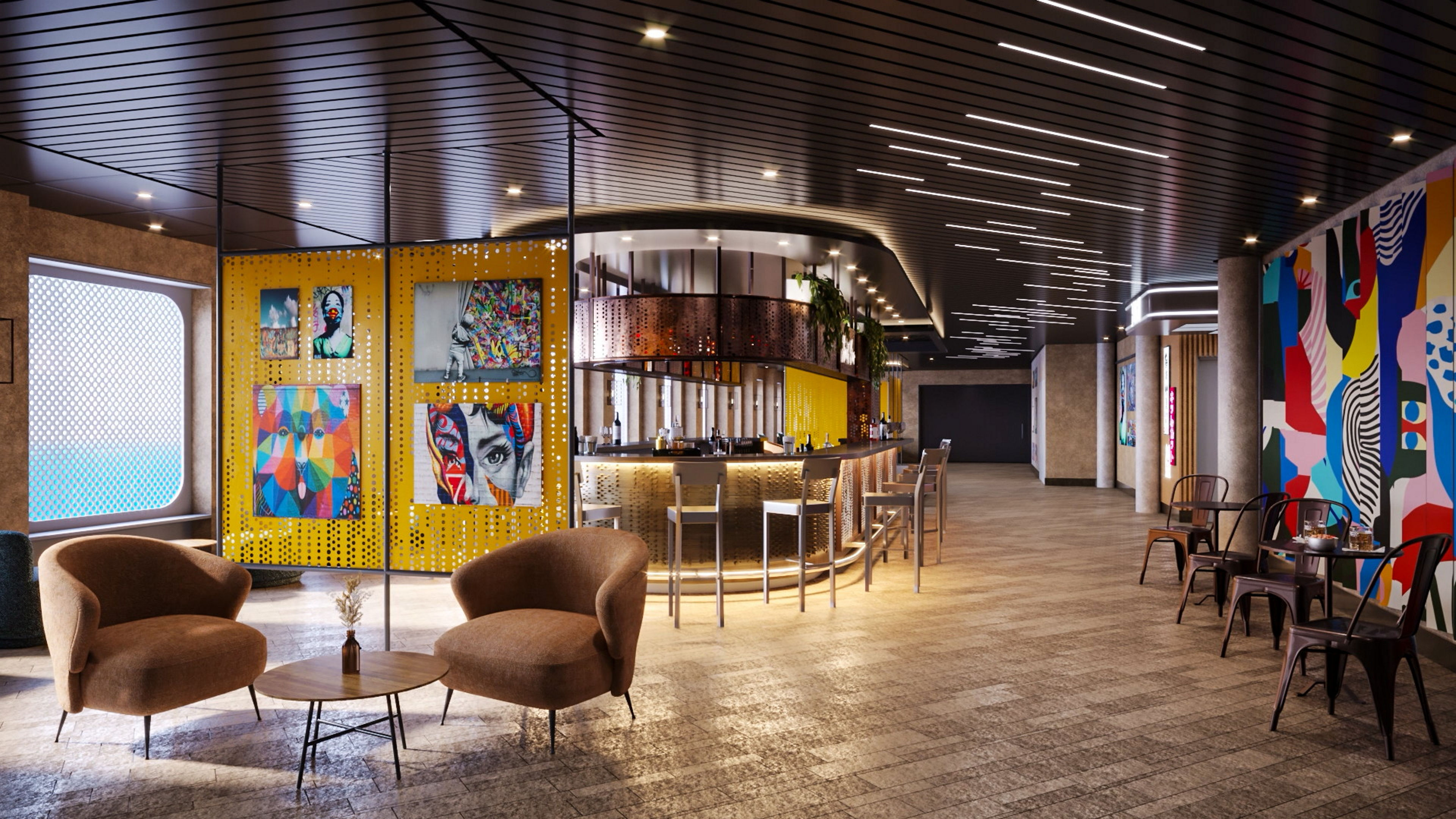 Moderne Bar mit bunten Kunstwerken und gemütlichen Sesseln.