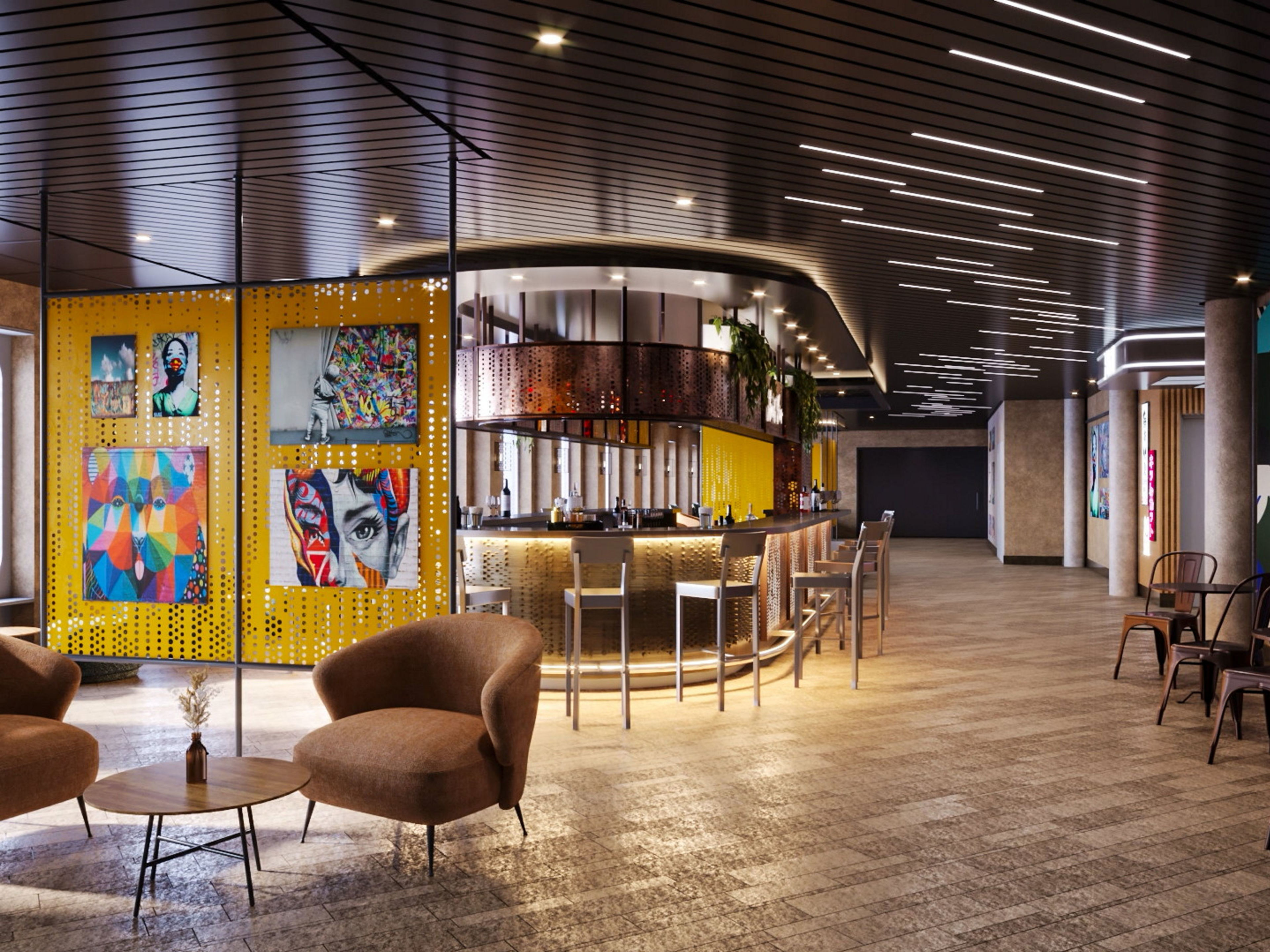 Moderne Bar mit bunten Kunstwerken und gemütlichen Sesseln. Moderne Bar mit bunten Kunstwerken und gemütlichen Sesseln.