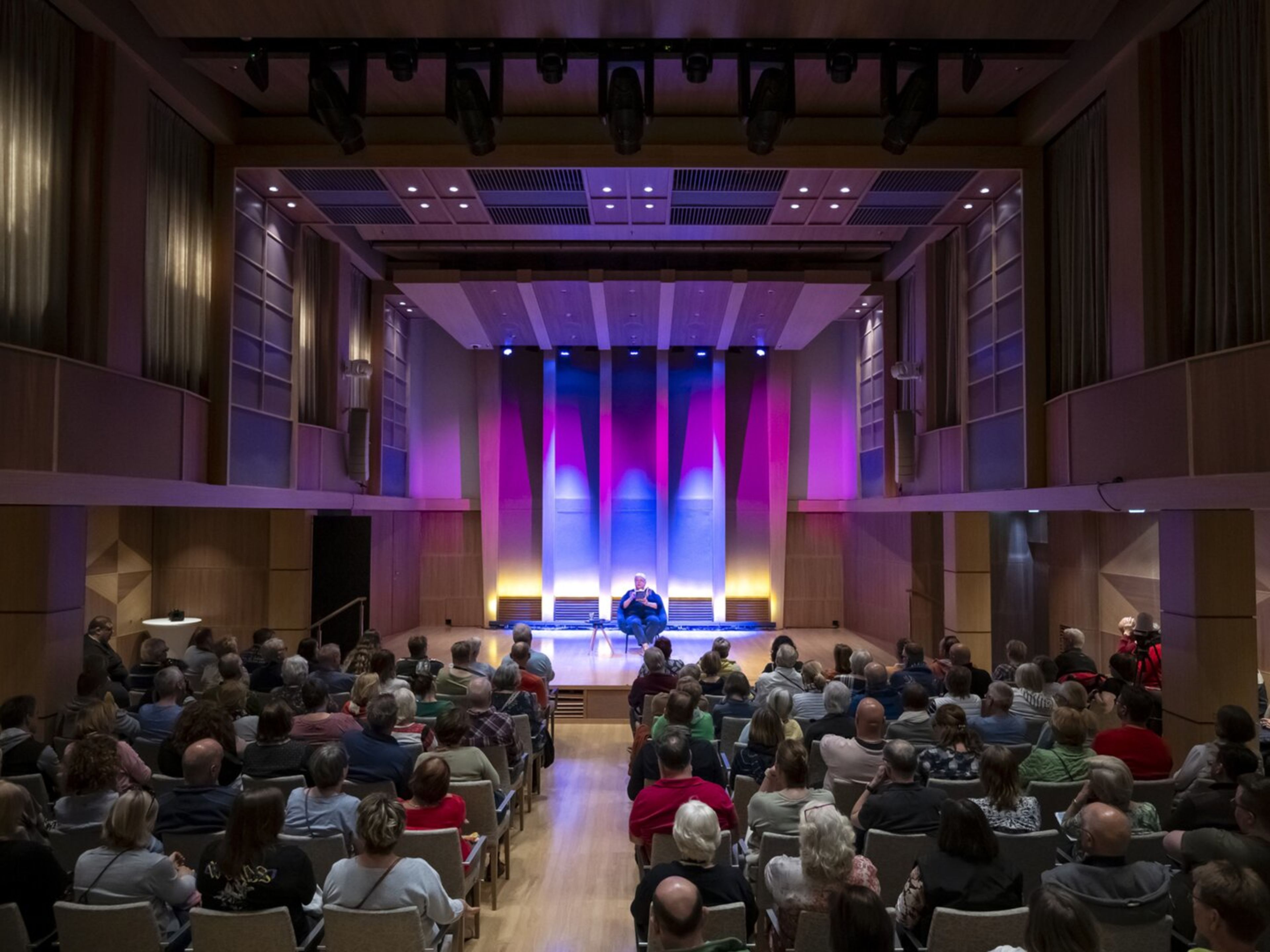 Publikum in einem modernen Konzertsaal, bunte Bühnenbeleuchtung. Publikum in einem modernen Konzertsaal, bunte Bühnenbeleuchtung.