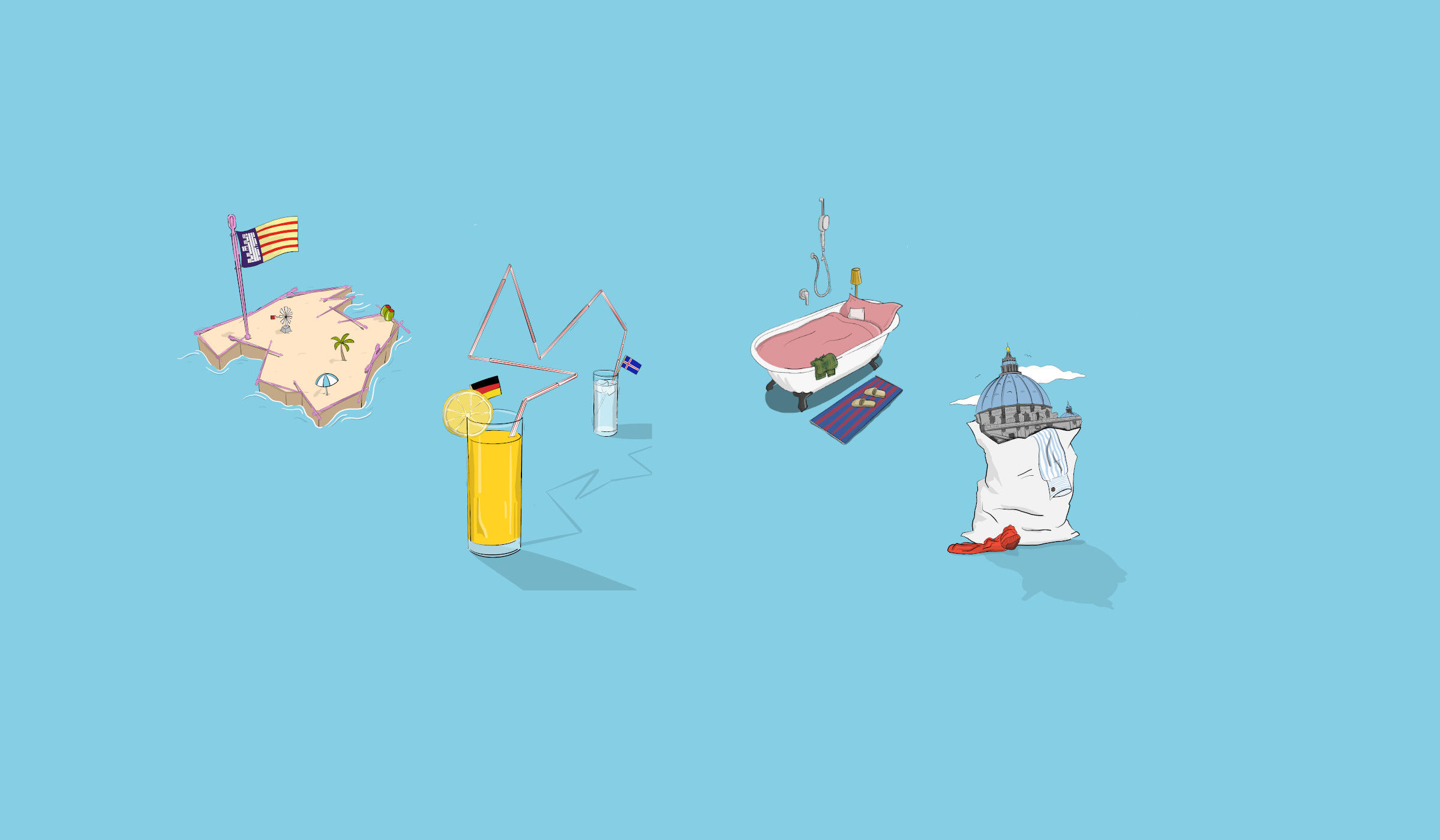 Kleine-Schritte Insel mit Flagge, Getränk mit Flaggen, Badewanne, Petersdom.