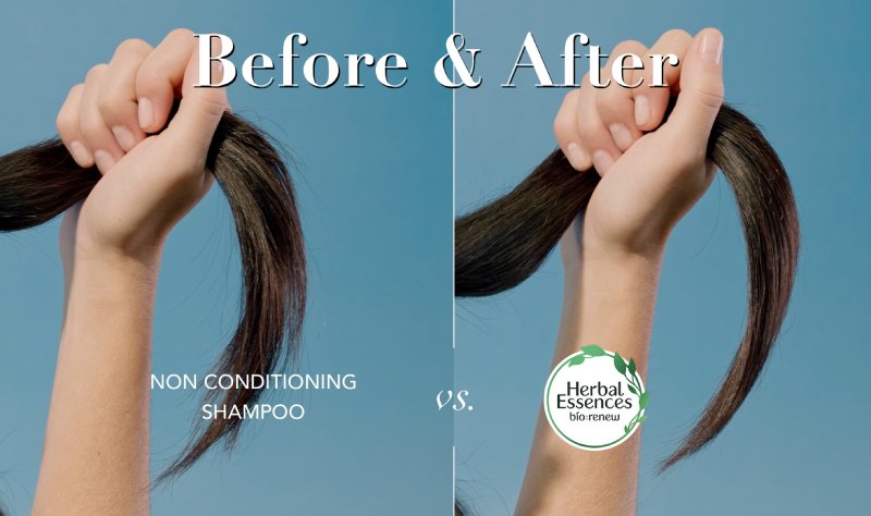 Two locks of hair showing the before and after effect of using Herbal Essences products