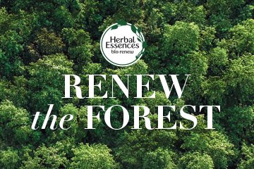aerial shot of green forest with Herbal Essences logo
