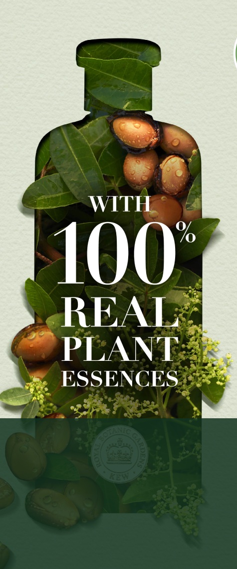Ingredients with 100% real plant essences certified by Royal Botanic Gardens, Kew