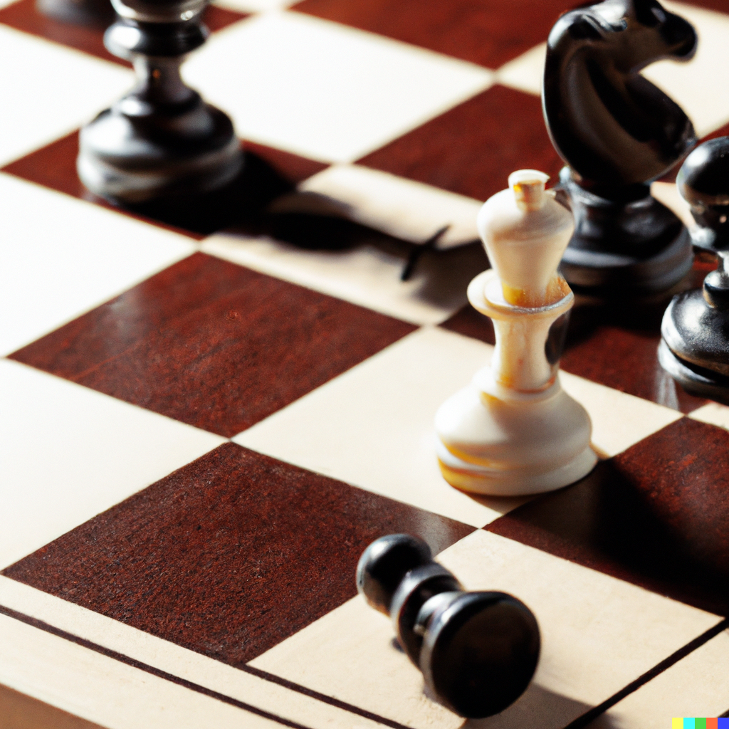 close-up of a chessboard, with pieces scattered across the board in the final stages of the game