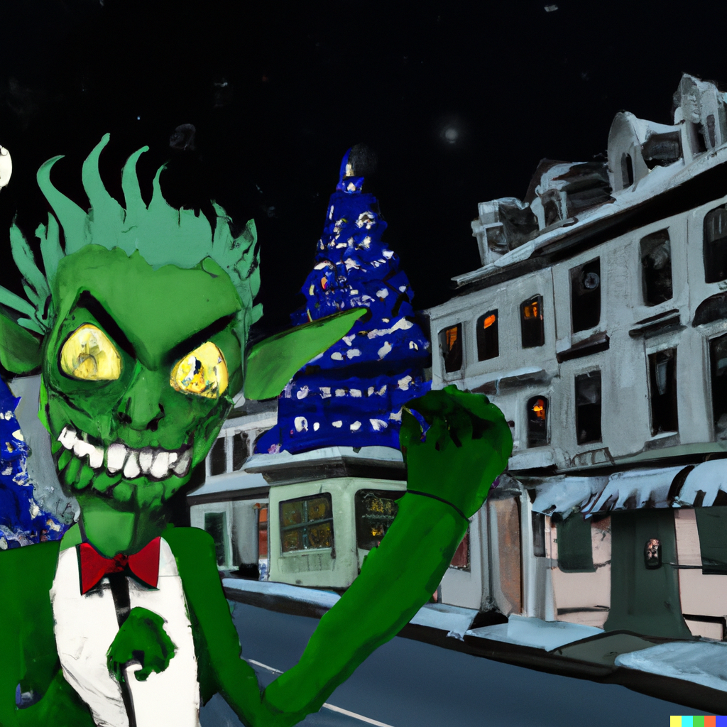undead Grinch walking down the street Stealing Christmas joy