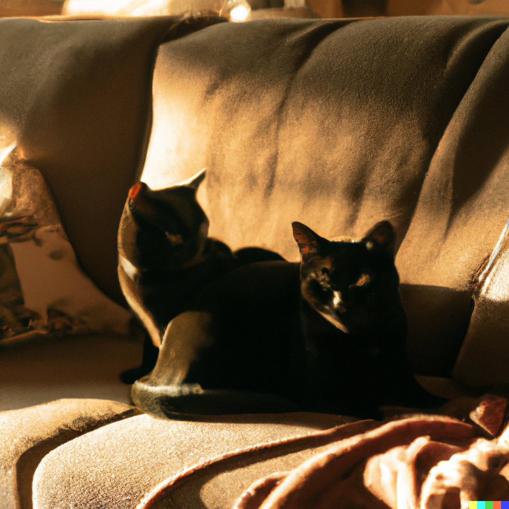 Two black cats are sitting on a cozy couch. warm, golden light, creating a sense of comfort and home