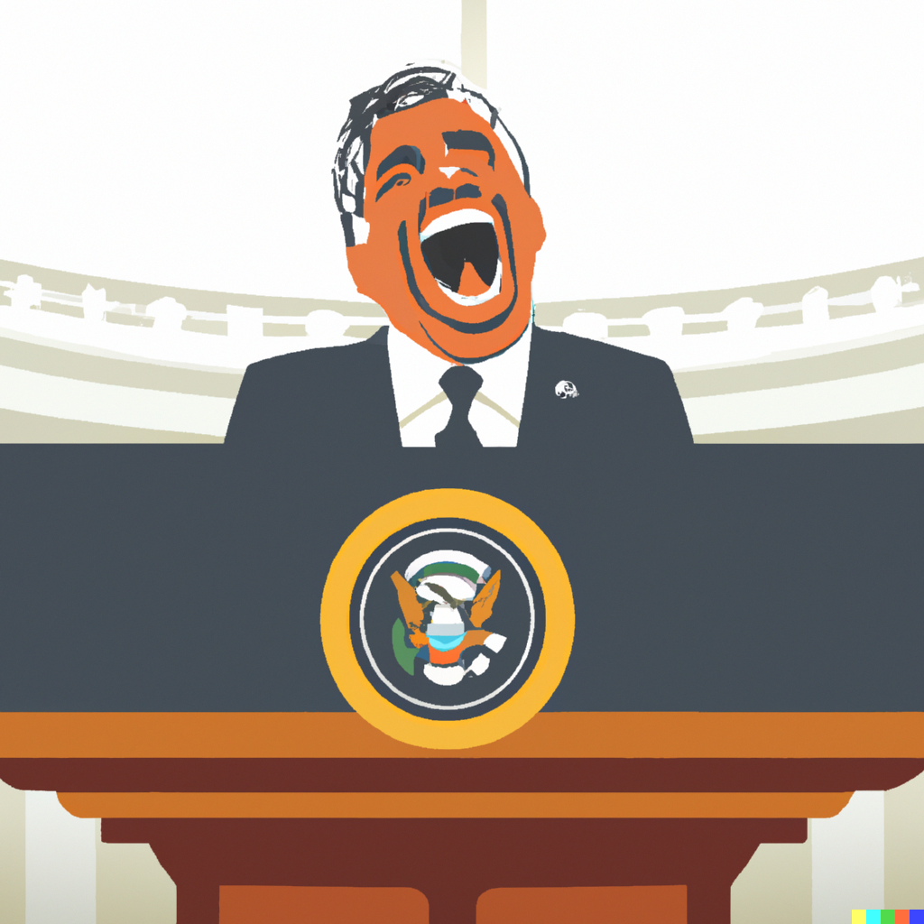 president laughing maniacally in front of white house press conference podium