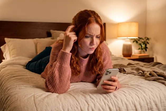Foto de mujer joven acostada boca abajo en su cama mientras desconfiadamente mira su celular