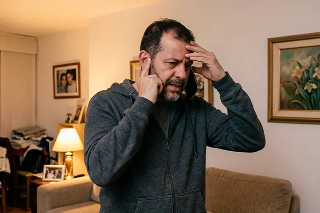 Foto de hombre adulto hablando por telefono mientras toma su rostro con preocupación