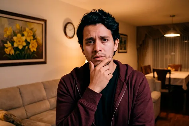Foto de hombre joven mirando a la cámara con cara de preocupación